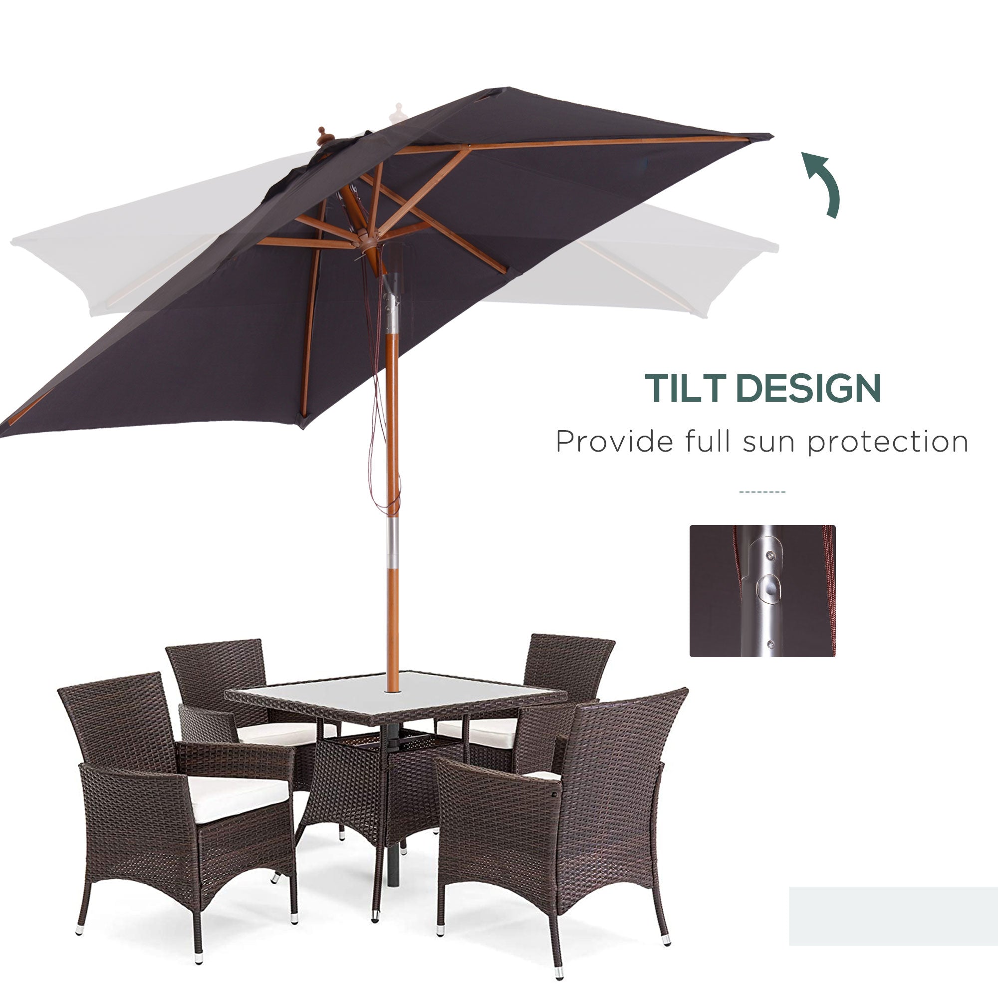 Outsunny Market Umbrella: 6.6x5ft Square Wooden Tilt 6 Bamboo Ribs Dark Grey