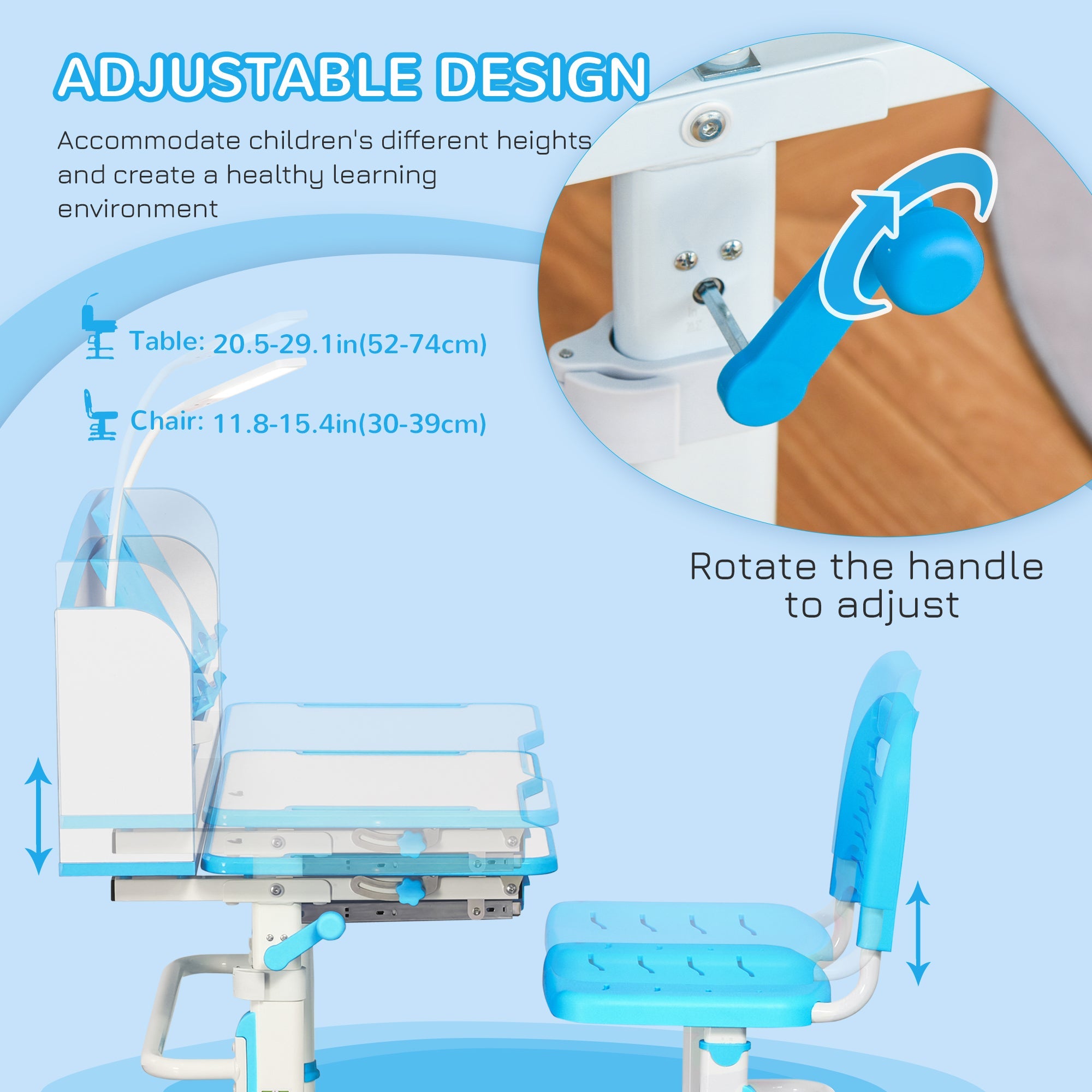 Qaba Kids Adjustable Desk and Chair Set with LED Light Bookshelf Drawer for Student Study Blue