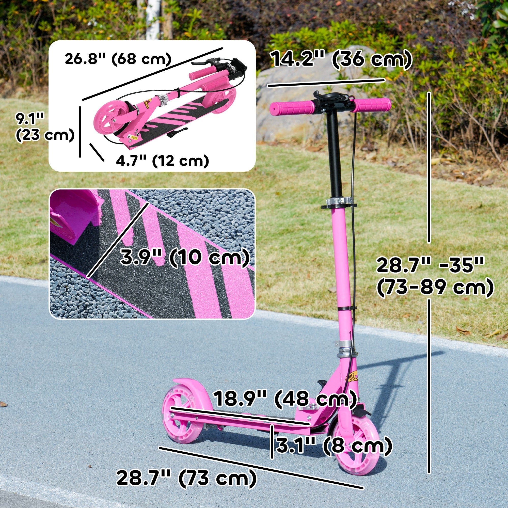 Qaba Scooter for Kids Ages 3-8 with Light Up Wheels, Adjustable Handlebar, Rear Brake & Handbrake for Girls and Boys, Pink