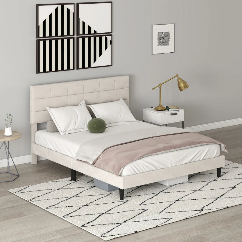 Queen Size Bed Frame with Upholstered Headboard, Modern Platform Bed Frame with Wood Slats, 1100 lbs Capacity, Cream