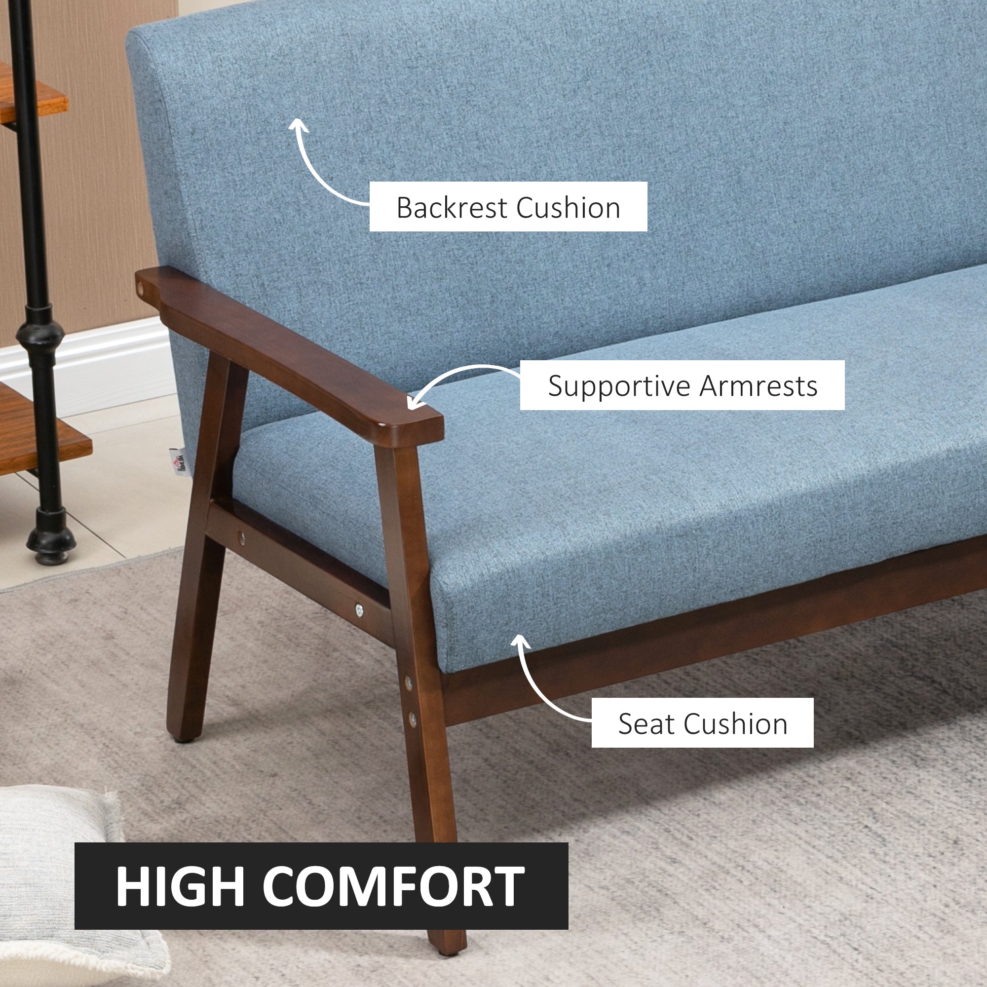 HOMCOM Compact Linen Loveseat Sofa: Double Seat with Rubber Wood Frame, Blue