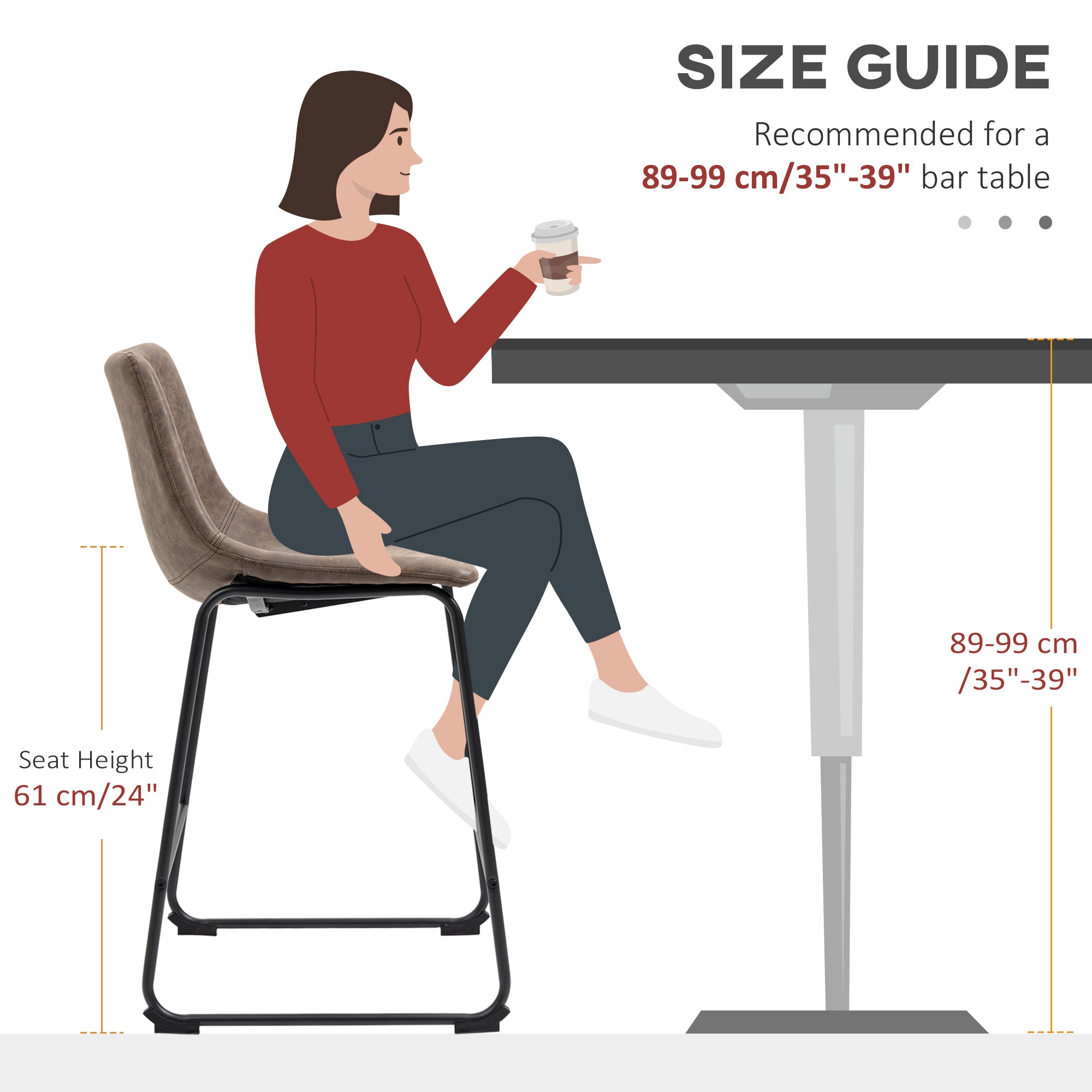 HOMCOM Classic Comfort: Set of 2 Counter Height Bar Stools, PU Leather with Footrest, Brown Hue for Kitchen or Home Bar