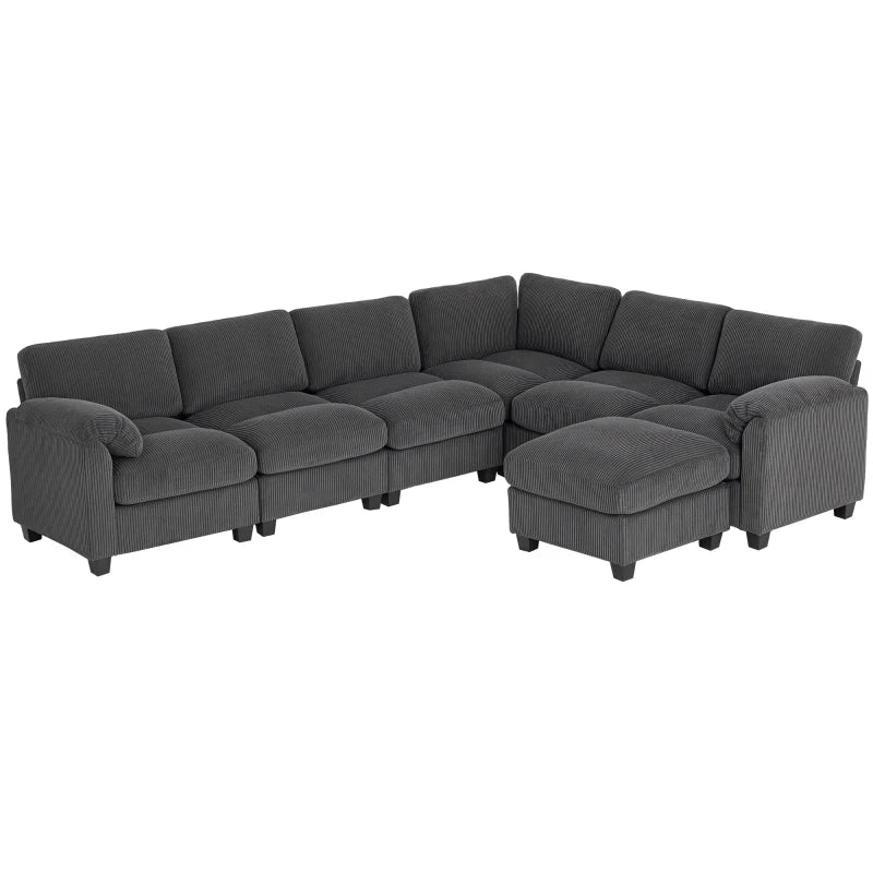 Modular U-Shaped Sectional Sofa – Charcoal Grey Corduroy Couch with Spring Cushions, Reconfigurable Design
