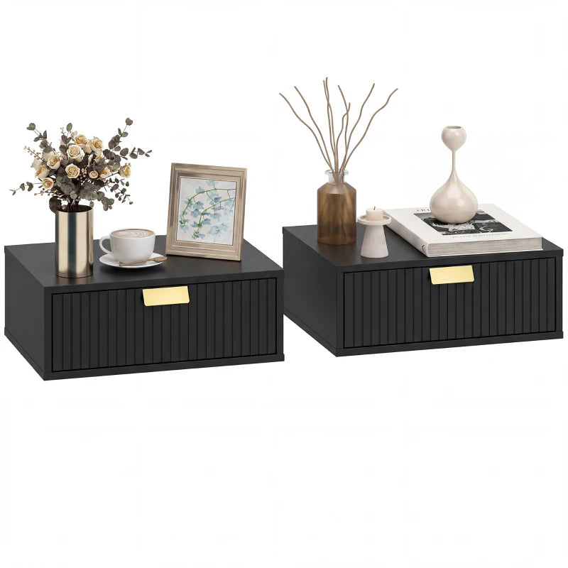 Modern Floating Nightstands Set of 2, Wall Mounted Bedside Tables with Wave Drawer Black