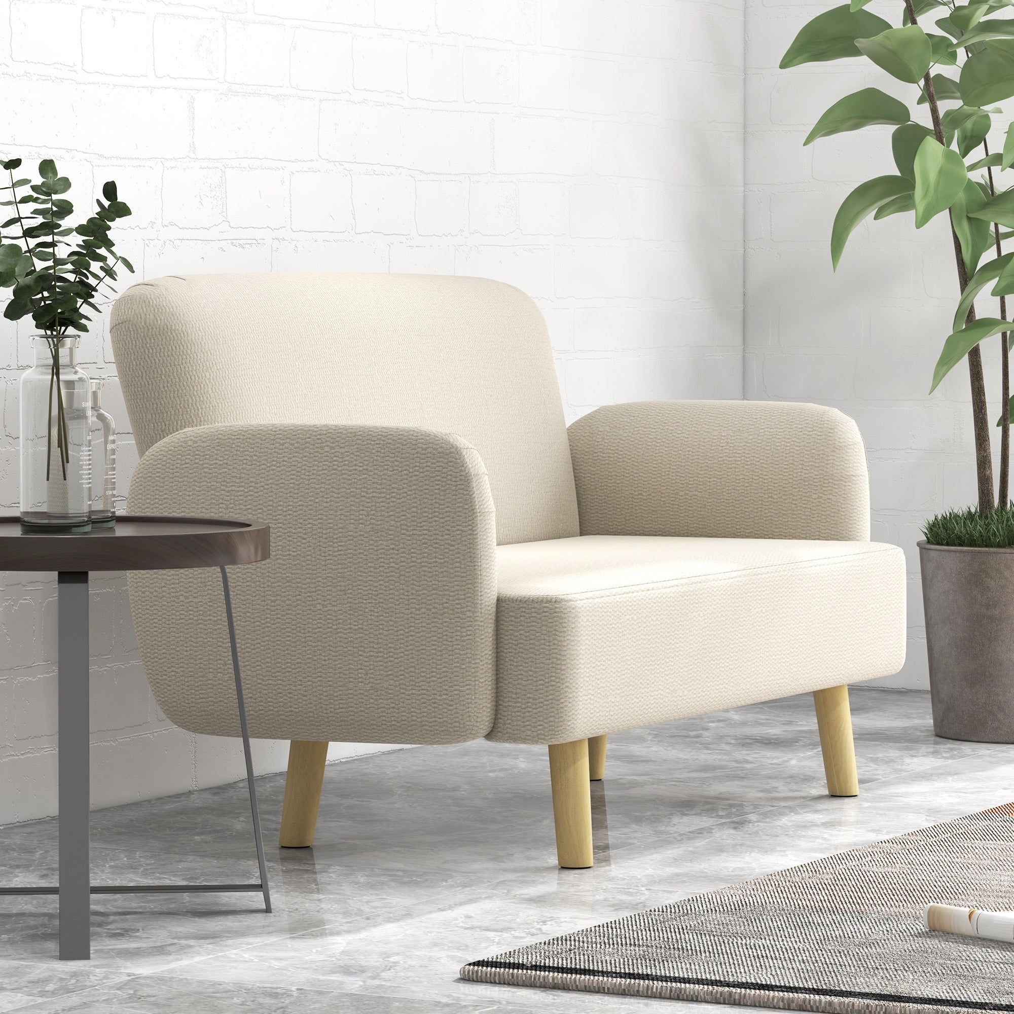 HOMCOM Velvet Feel Fabric 2 Seater Sofa, Small Sofa Loveseat with 8.3" Thick Padding and Wood Legs, Cream White