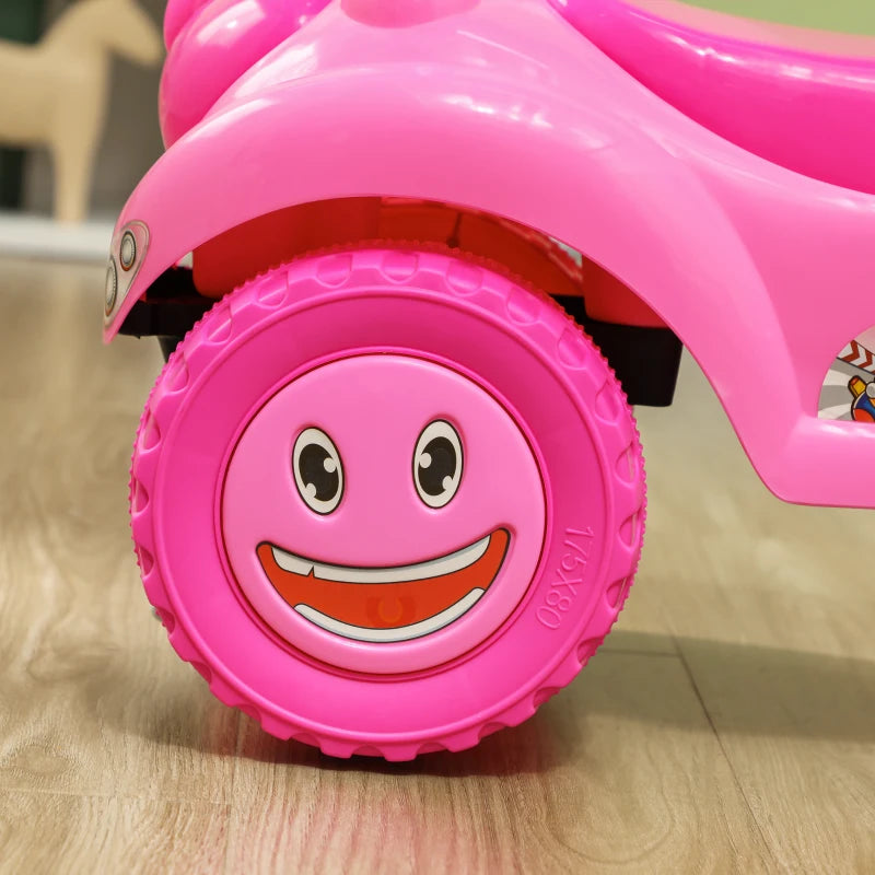 Qaba Toddlers Push Car with Horn, Light, Music, Anti-Over-Backwards Device, Steering Wheel, Under Seat Storage, Pink