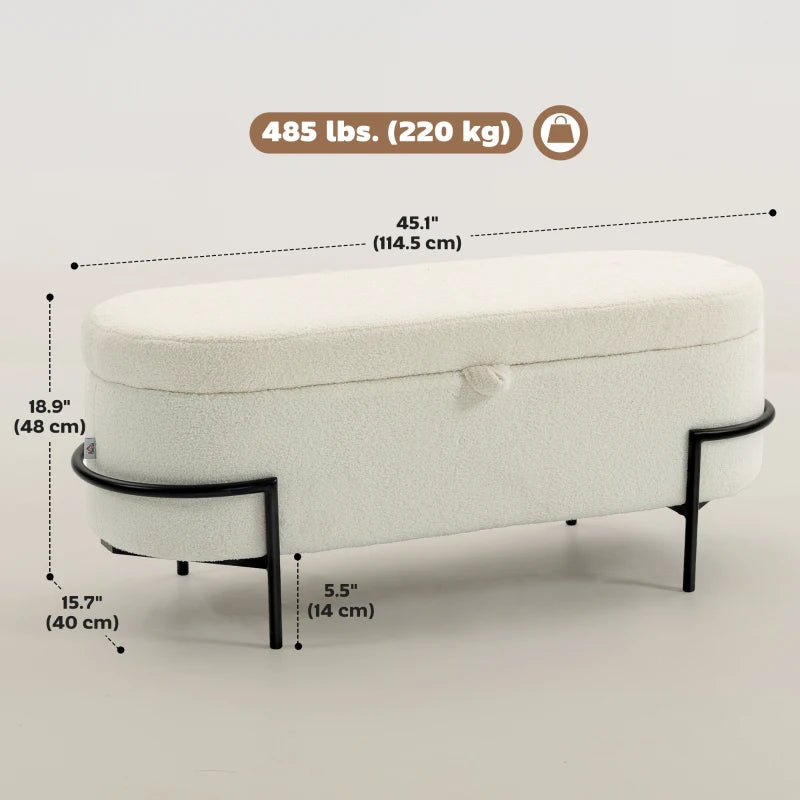 Storage Ottoman with Lift-Up Lid and Steel Legs, 45 Inches Sherpa Fleece Storage Chest for Living Room, Cream White