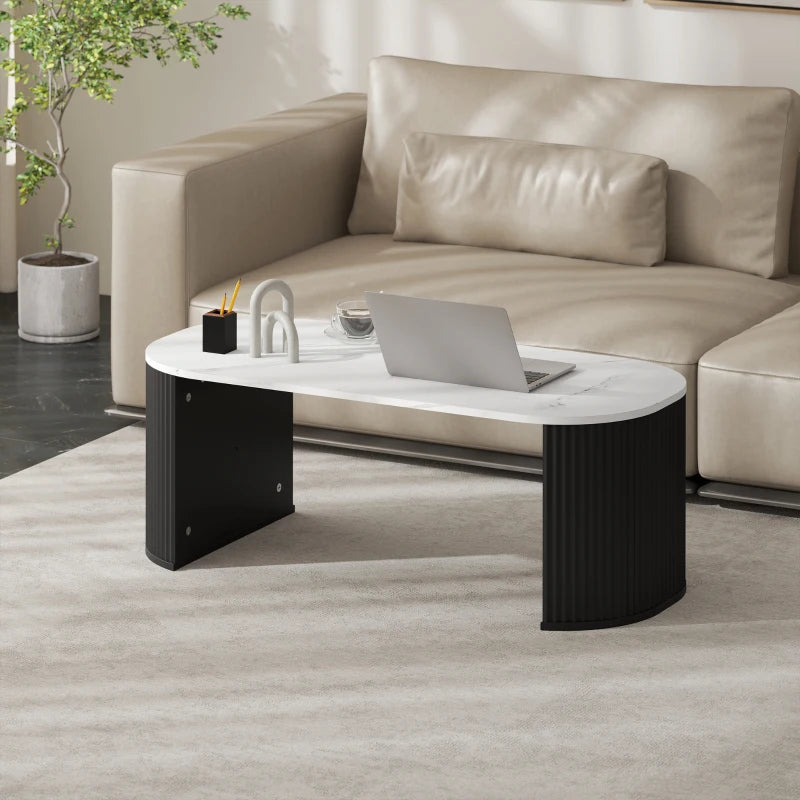 Coffee Table, Modern Marble-Effect Living Room Table with Round Corners and Thicken Legs, Black