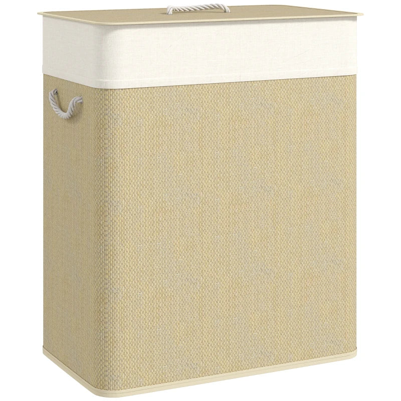 Double Laundry Basket with Lid, 100L Bamboo Laundry Hamper with Rope Handles and Removable Bags, Natural