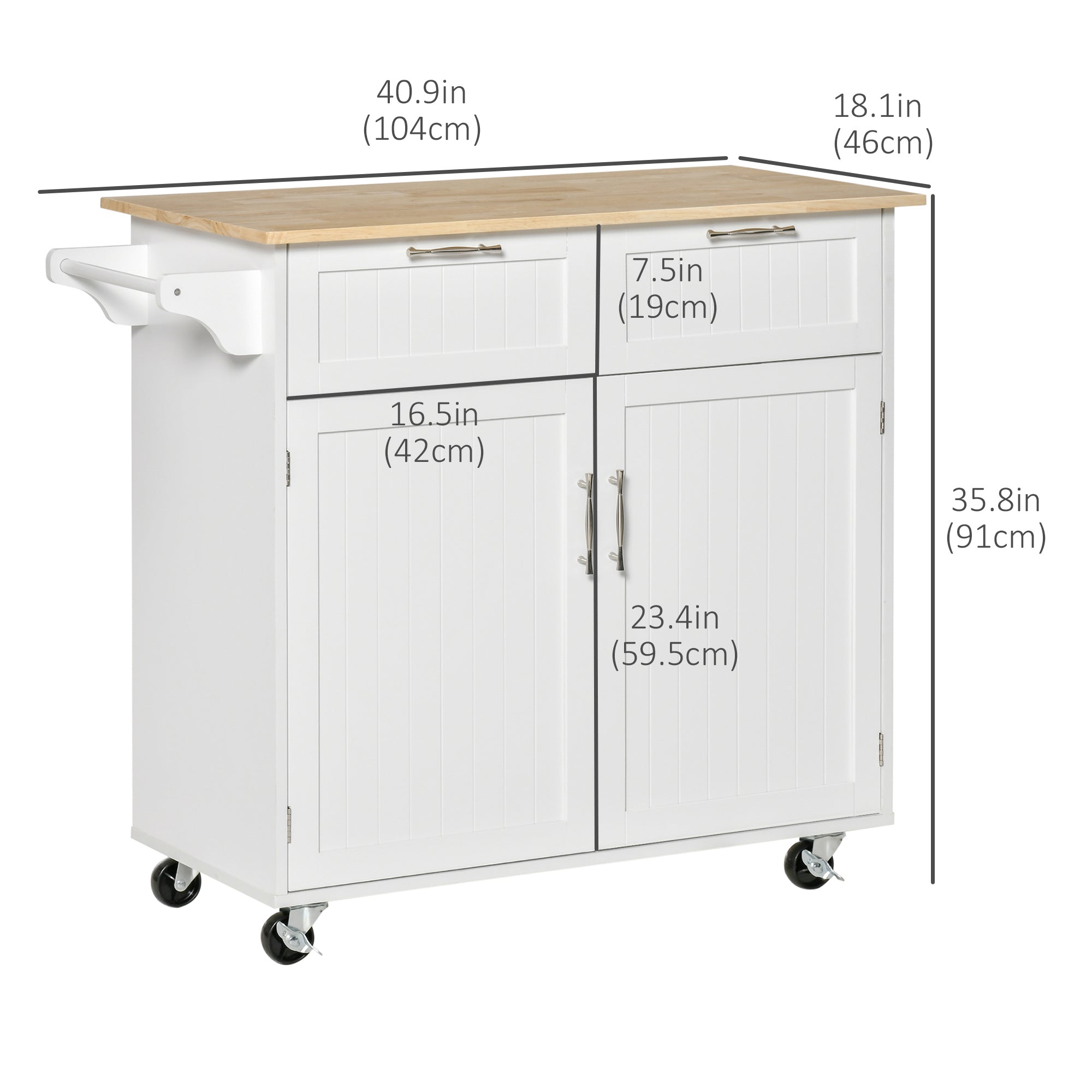 HOMCOM White Mobile Kitchen Island: Rubber Wood Top Cart with Storage Drawers, Cabinet & Towel Rack