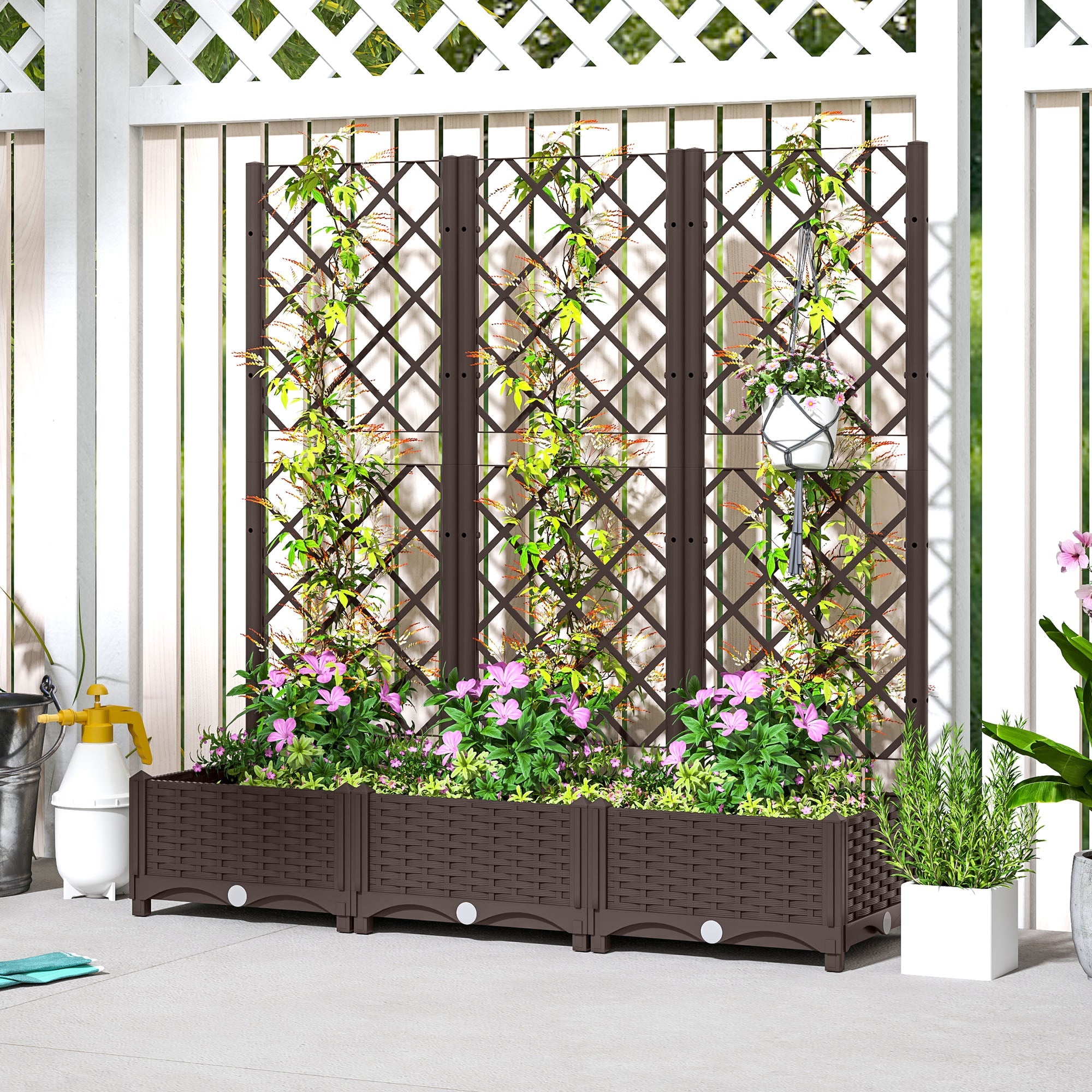 Outsunny Raised Garden Bed with Trellis, Plastic Raised Flower Bed with Drainage Holes and Drain Plugs, 47" x 16" x 48"