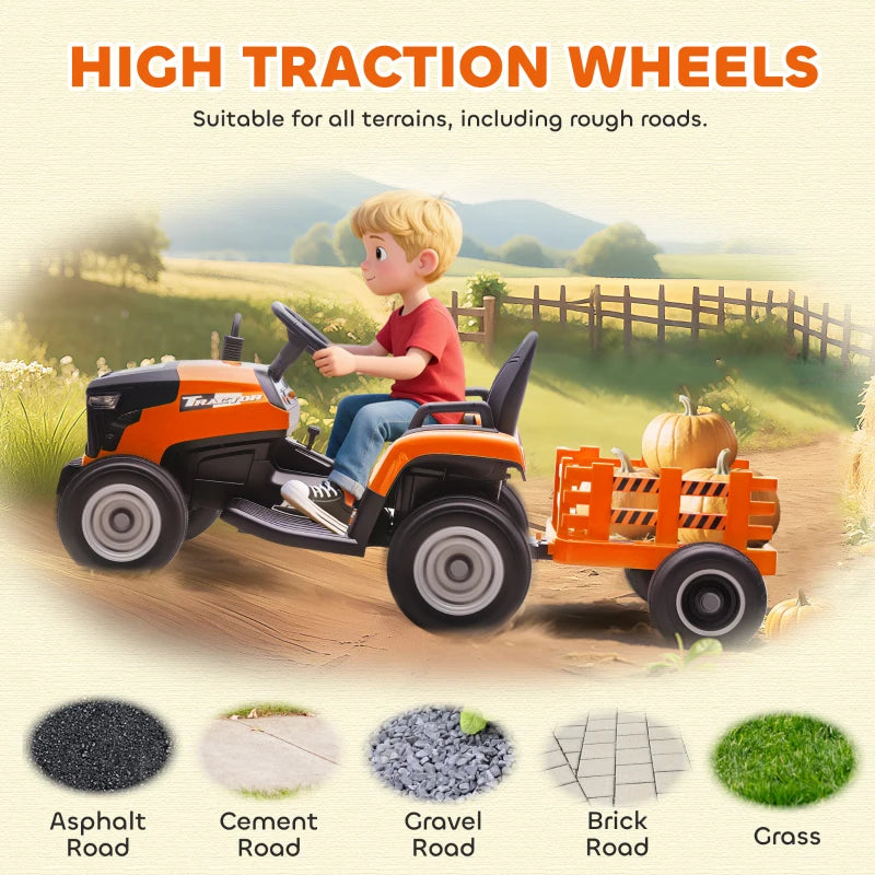 Qaba 12V Kids Ride On Tractor with Trailor, Remote Control, Music, Lights, Shifter, for Kids Ages 3-8 Years, Orange