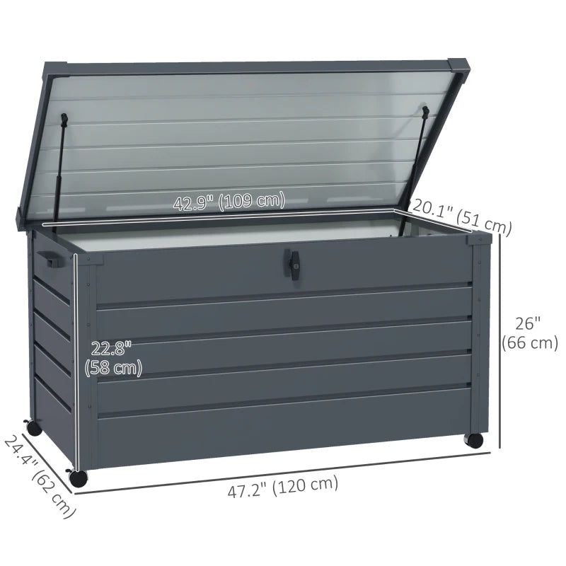 82 Gallon Garden Storage Box, Waterproof Outdoor Storage Container with Wheels and Handles, Dark Grey