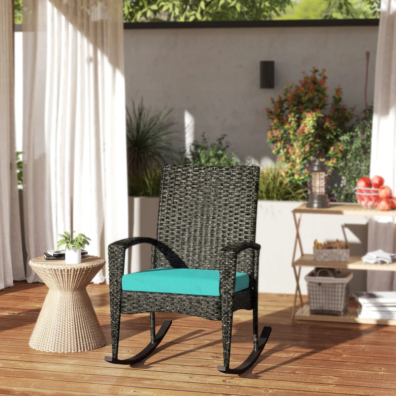 Outdoor Rocking Chair, Patio Wicker Chair Removable Cushion, High Back and Armrests for Porch Balcony, Turquoise