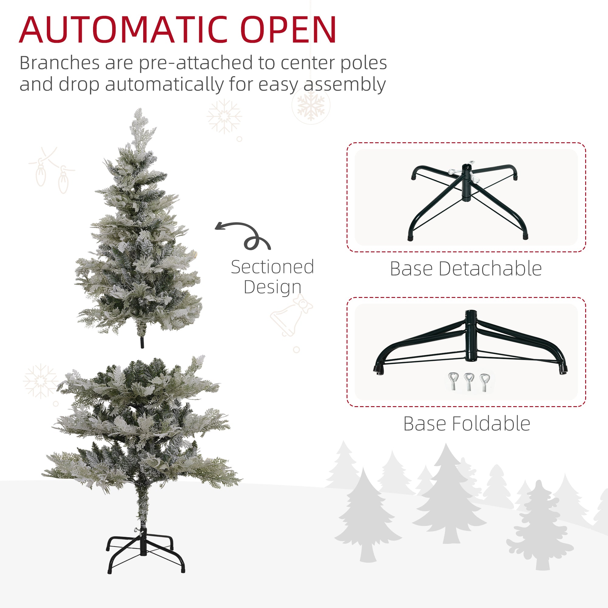 HOMCOM 5 Feet Pencil Snow Flocked Artificial Christmas Tree with 517 Realistic Cypress Branches, Auto Open, Green