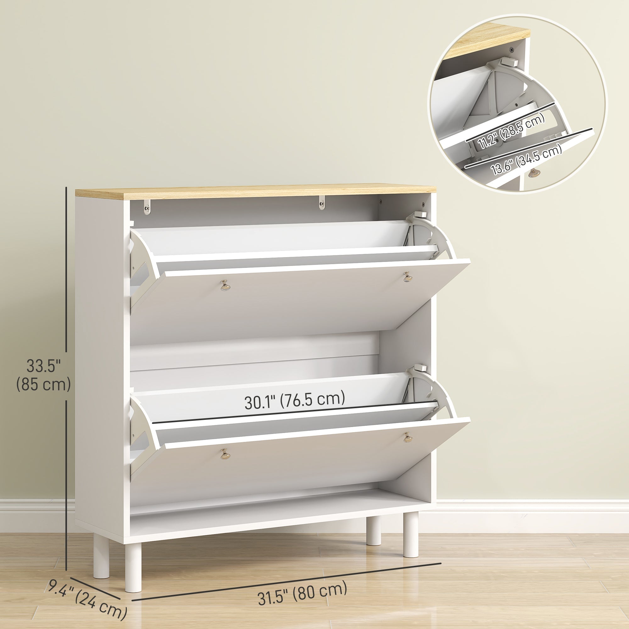 HOMCOM 2 Drawers Shoe Storage Cabinet with Adjustable Shelves for 16 Pairs of Shoes, White