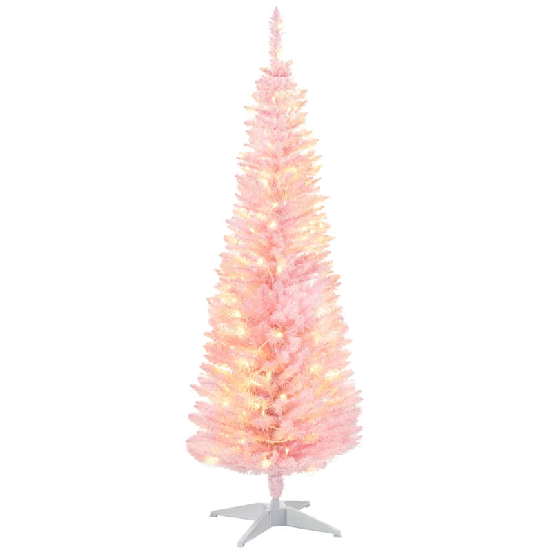 HOMCOM 5ft Pencil Christmas Tree, Slim Artificial Christmas Tree with Realistic Branches and Warm White LED Lights, Pink