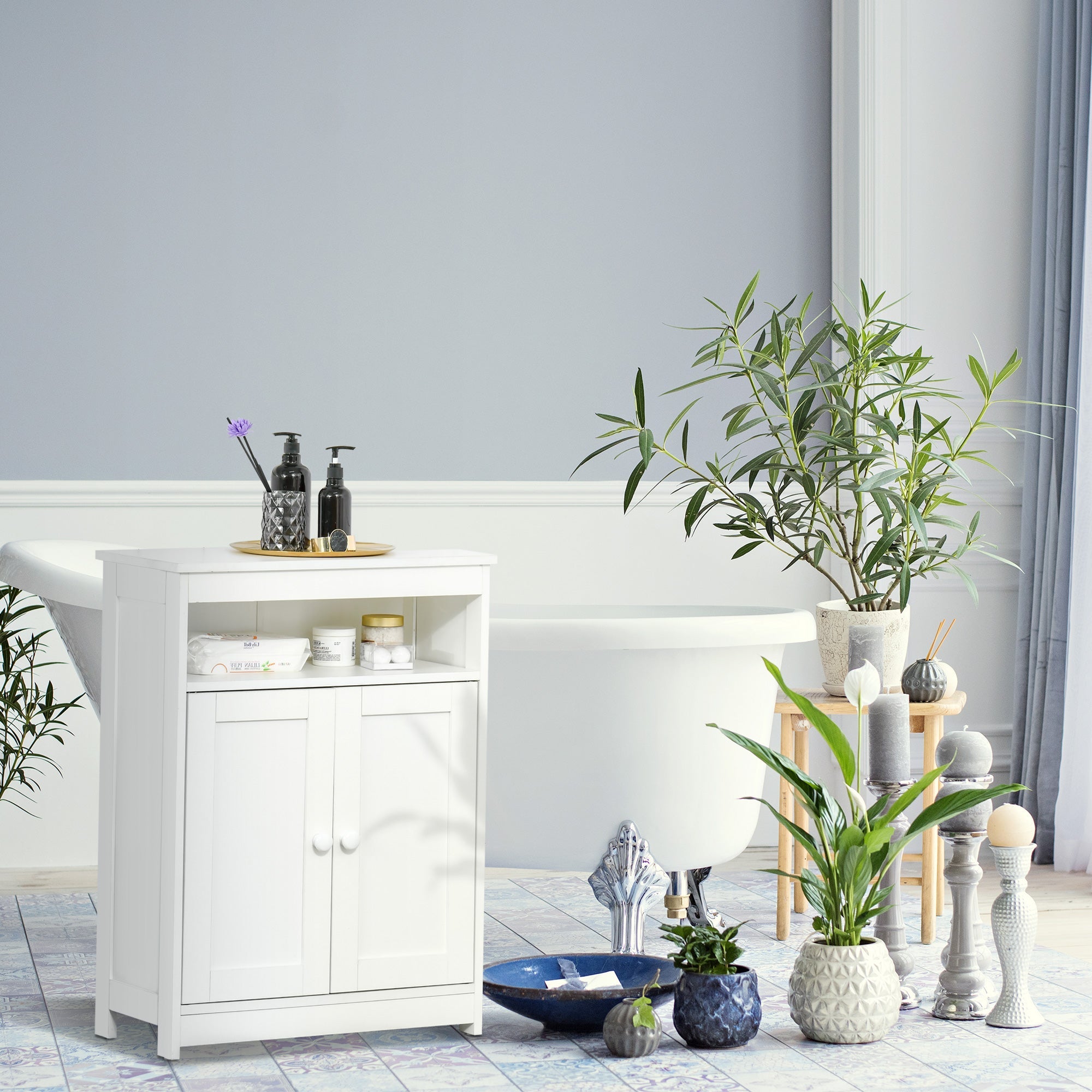 HOMCOM Bathroom Storage Cabinet Freestanding Organizer Sideboard Adjustable Shelf Wooden Furniture White