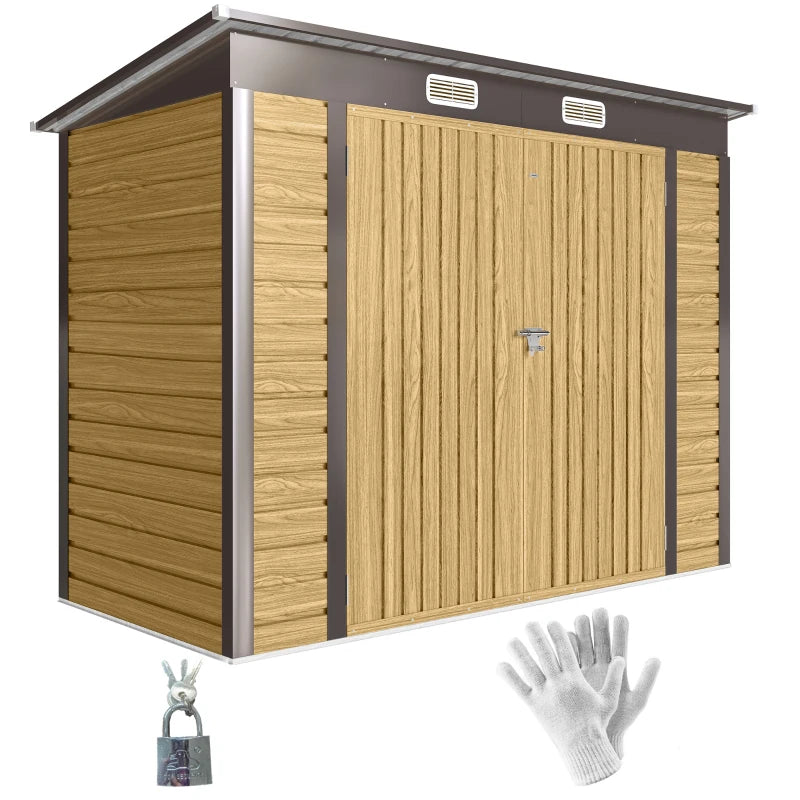 8 x 4FT Galvanized Garden Storage Shed, Metal Outdoor Shed with Double Doors and 2 Vents, Oak