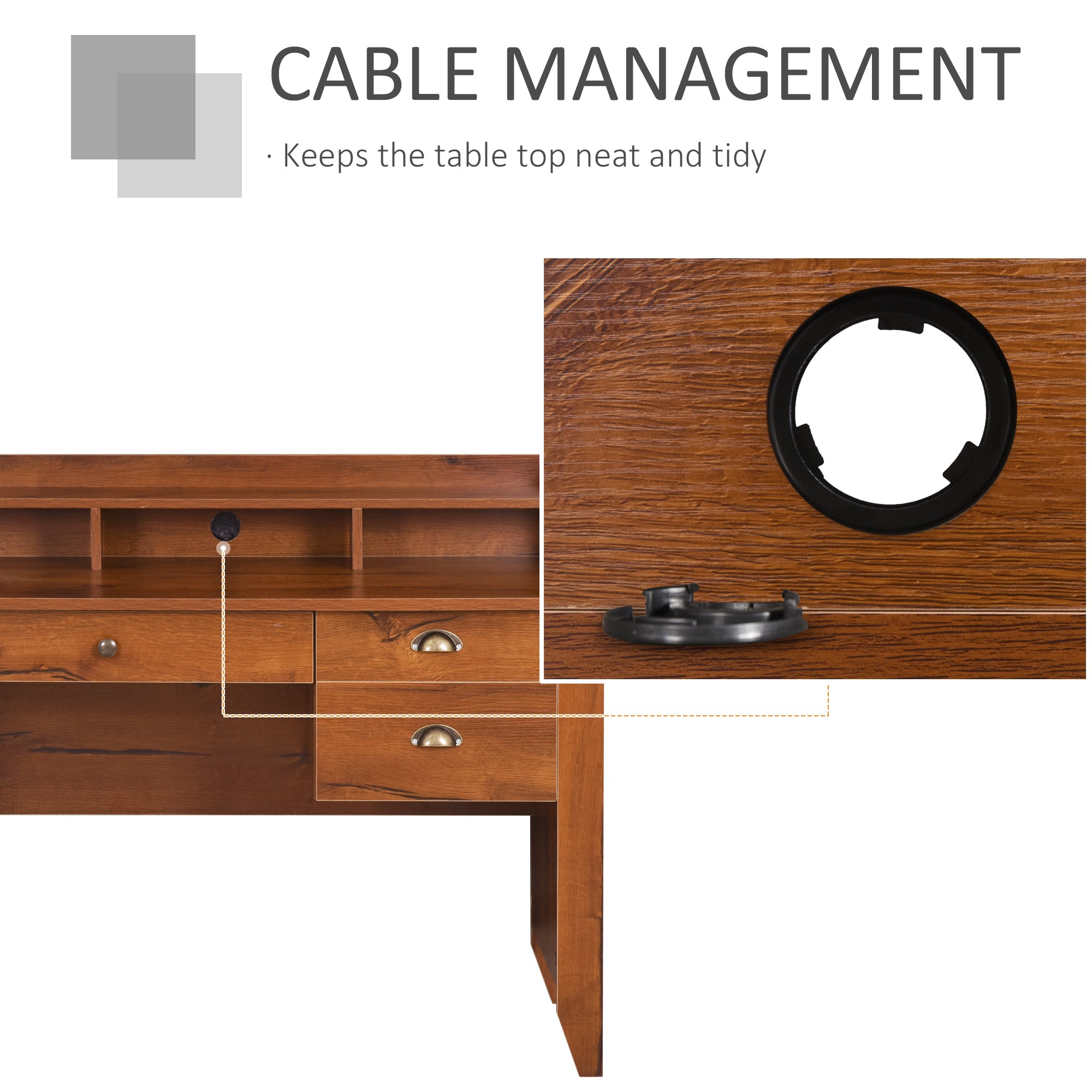 HOMCOM Home Office Desk with Hutch Storage Brown Writing Table with Drawers Shelf & Cable Management for Study Workstation