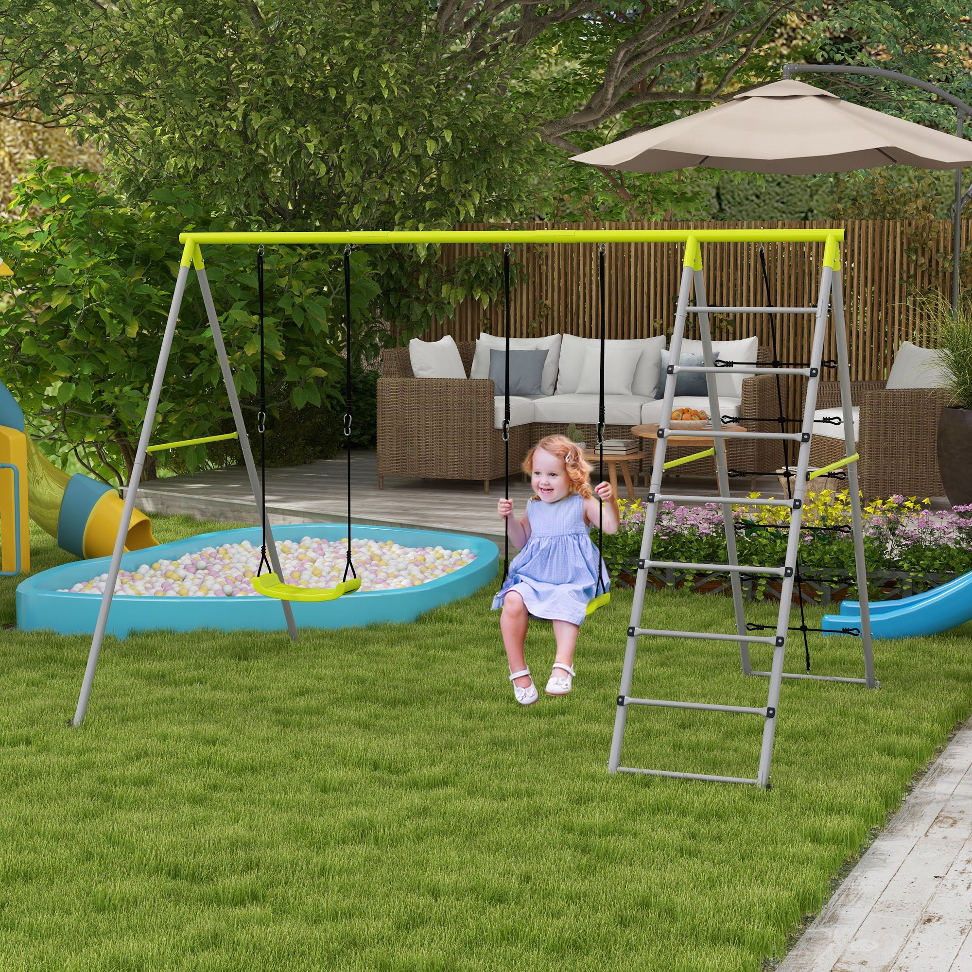 Outsunny 4-in-1 Metal Swing Set Double Swings Climber Climbing Net Kids Toddlers Backyard Outdoor Playground