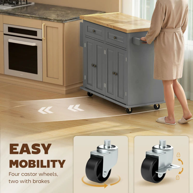 Kitchen Island with Storage, Rolling Trolley Cart with Rubber Wood Top, Spice Rack, Towel Rack, 2 Locking Brakes,Grey