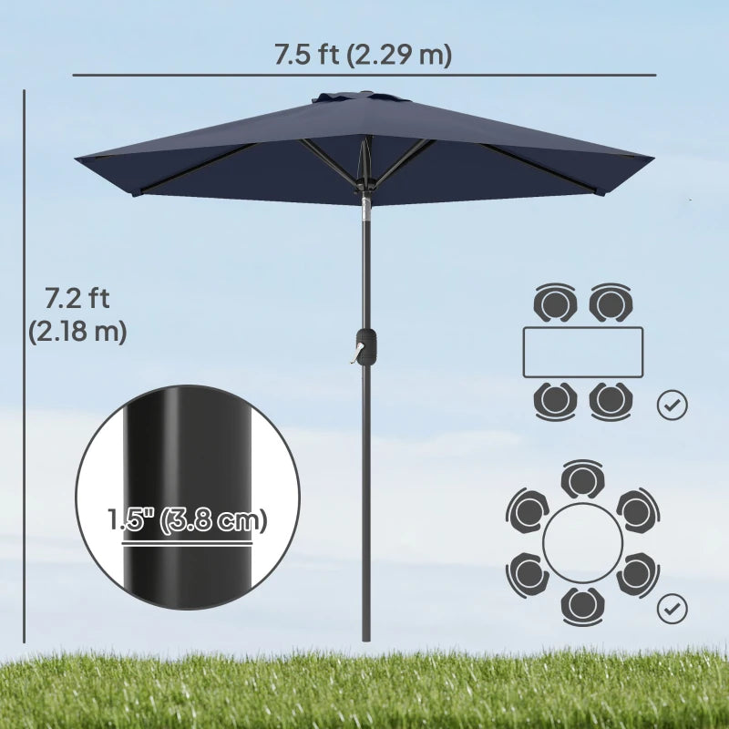 Patio Sun Umbrella, Outdoor Parasol with 6 Ribs, Blue