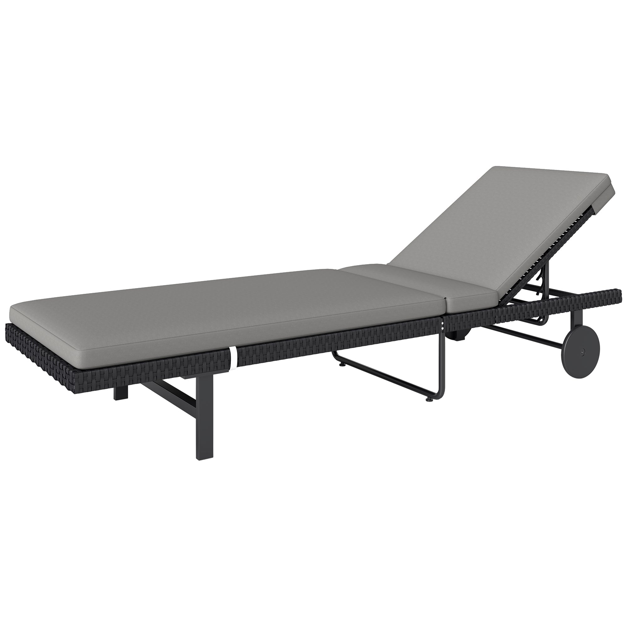 Outsunny PE Rattan Tanning Chair, Outdoor Patio Lounger with 5-Level Adjustable Back, Wheels and Cushion, Grey