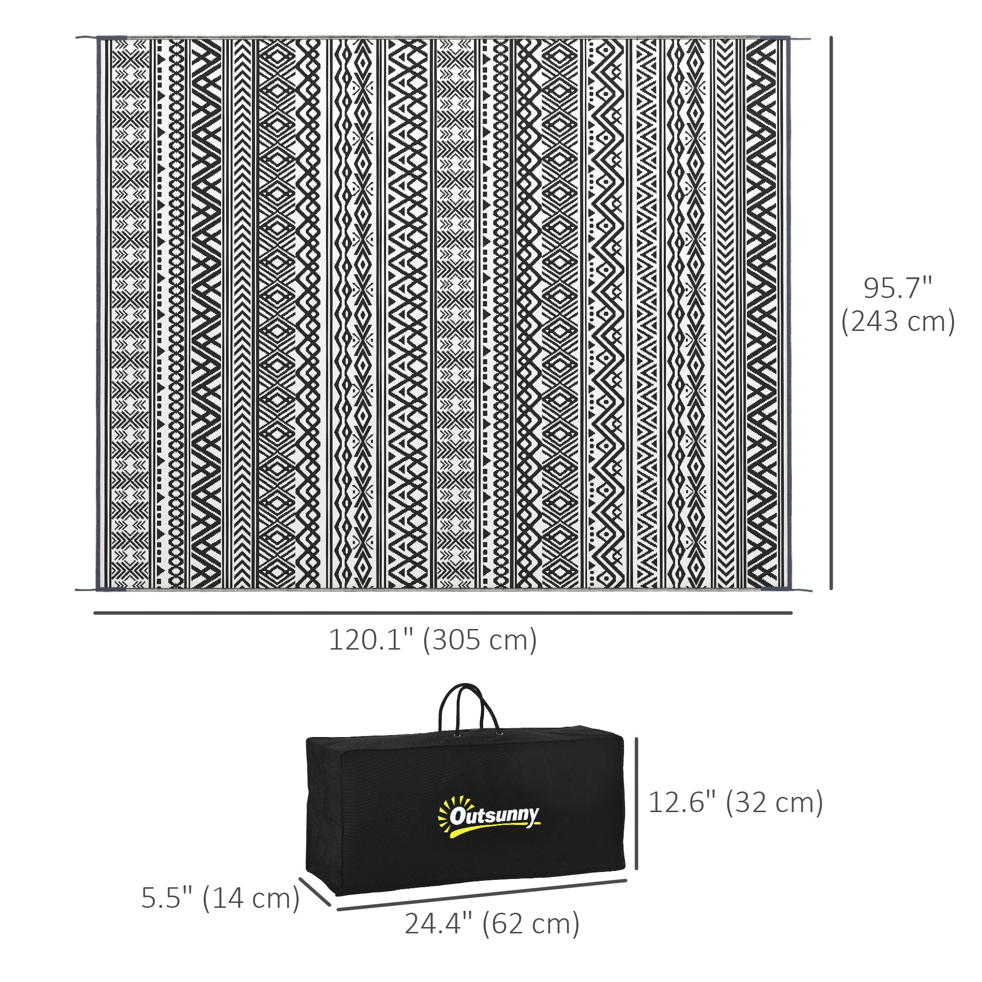 Outsunny 8x10ft Grey Cream White Boho Reversible Outdoor Rug Waterproof Plastic Straw with Carry Bag