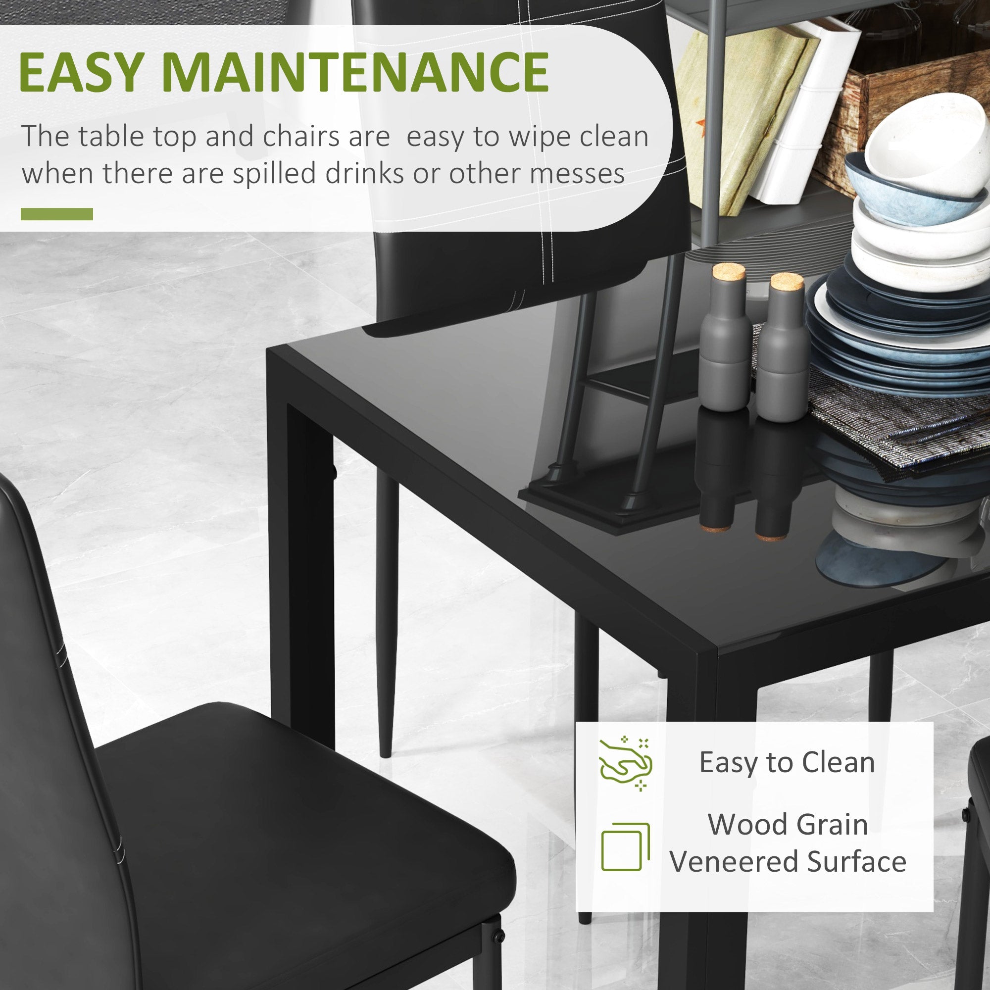 HOMCOM 5-Piece Rectangular Glass Dining Table Set for 4 with Metal Frame Faux Leather Chairs Kitchen Furniture Black