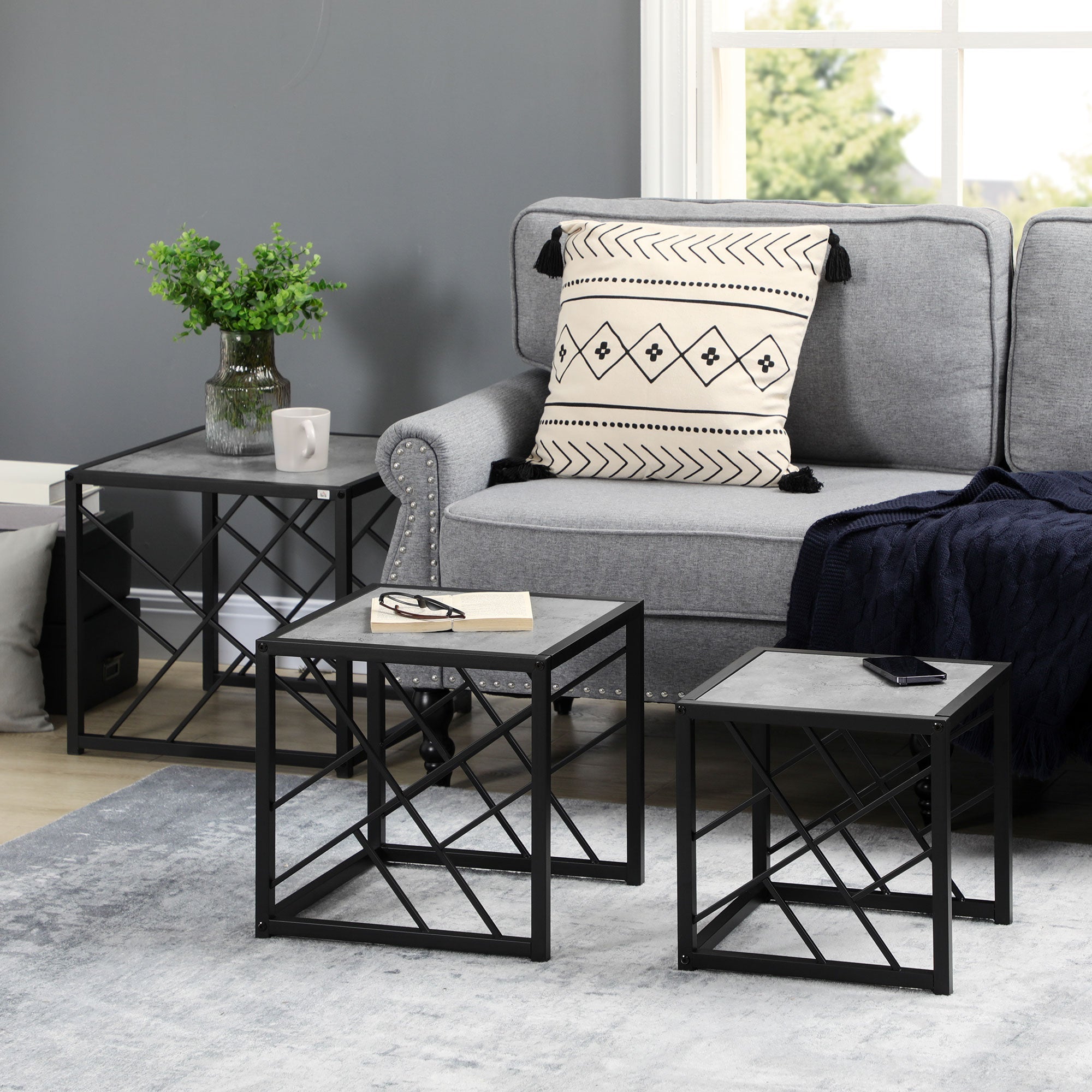 HOMCOM Nest of Tables 3 Piece Square Coffee Table Set Metal Frame for Living Room Bedroom Grey