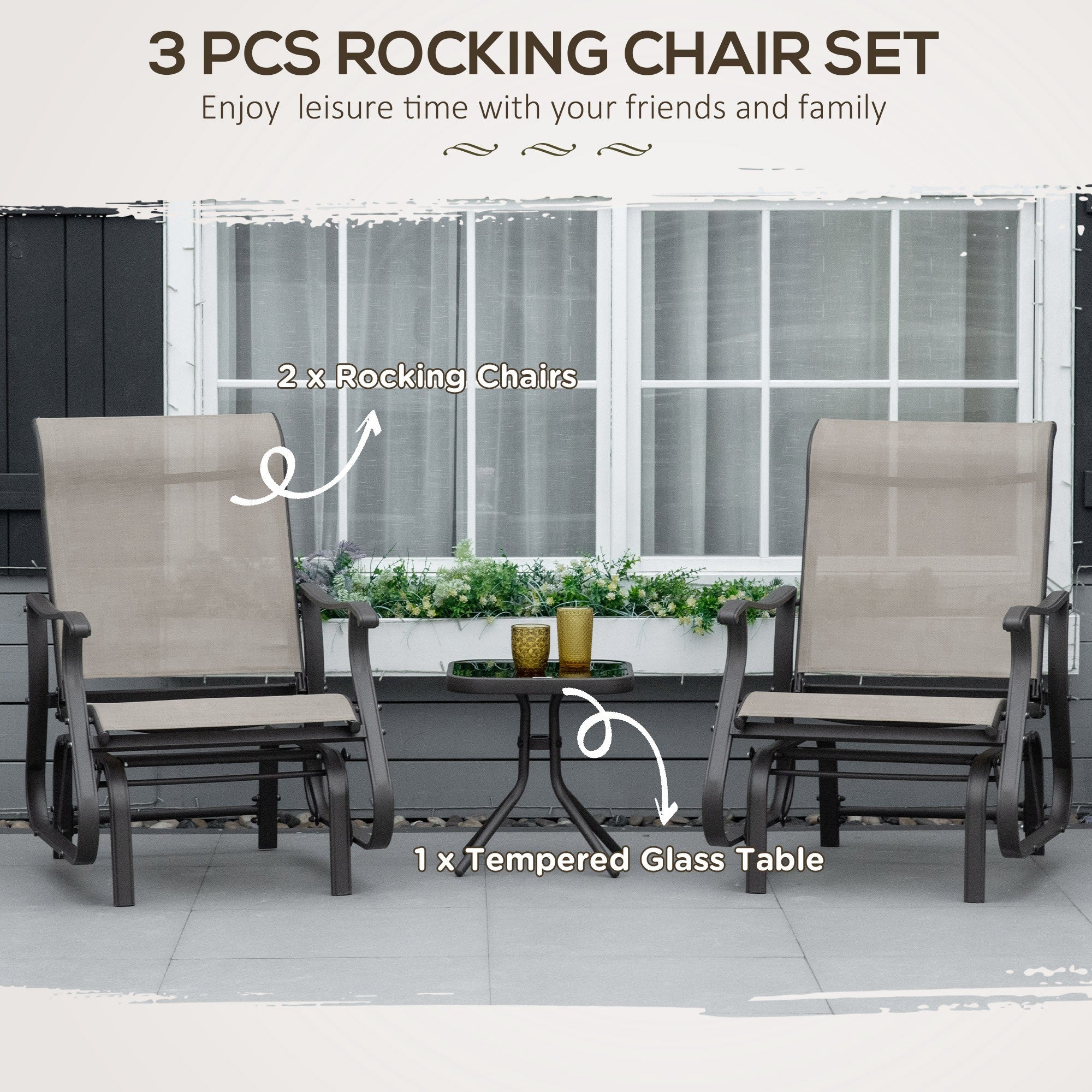 Outsunny 3PCs Gliding Rocking Chair Bistro Tea Table Set Grey for Garden Patio Comfort