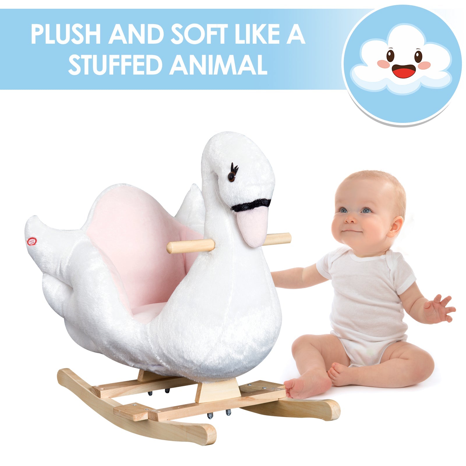 Qaba Plush Swan Rocking Horse for Kids - Soft & Warm Ride-On Toy with Lullaby Song, Perfect Gift for Ages 18 Months & Up