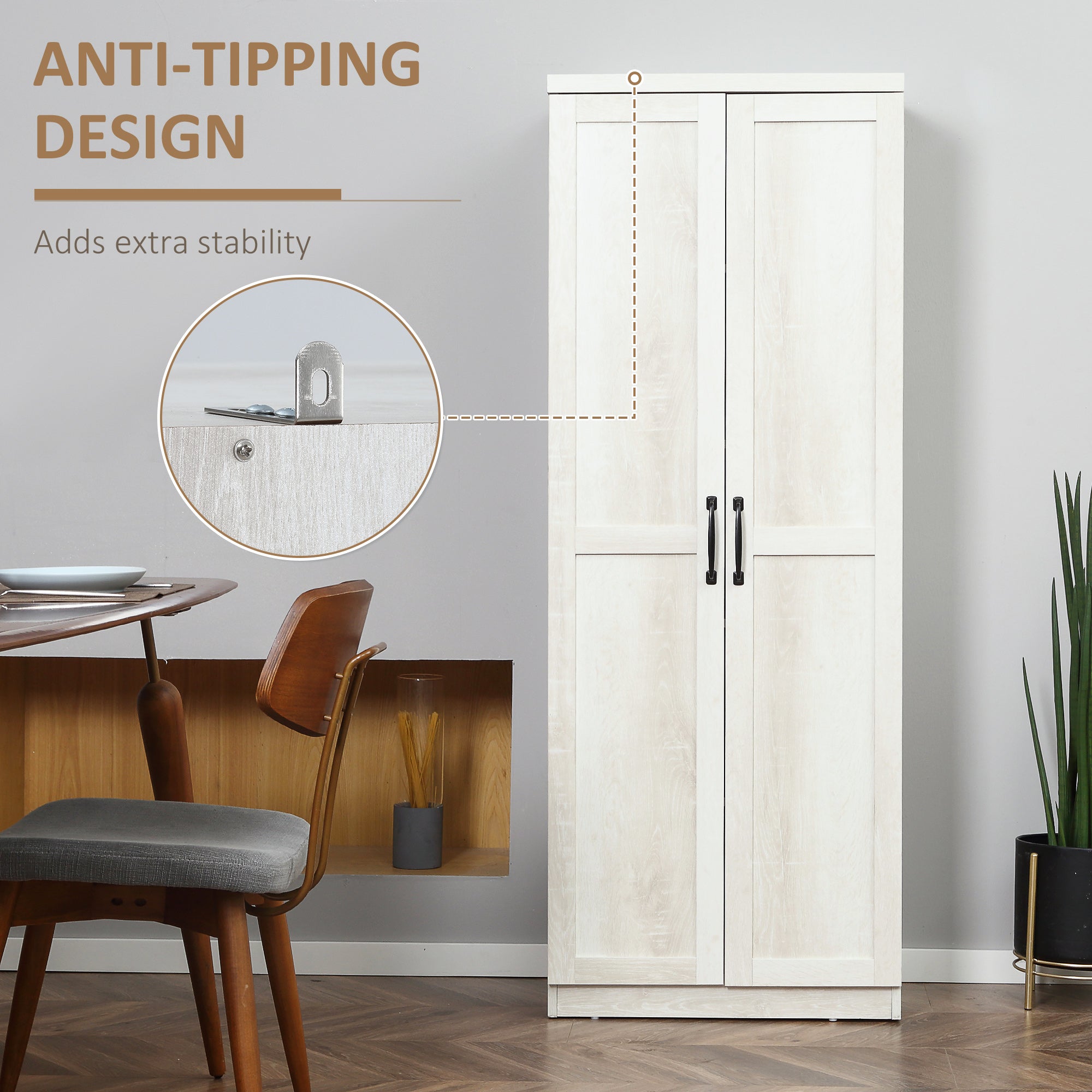 HOMCOM 63" Distressed White Kitchen Pantry Cabinet with 5-Tier Adjustable Shelves for Dining Storage