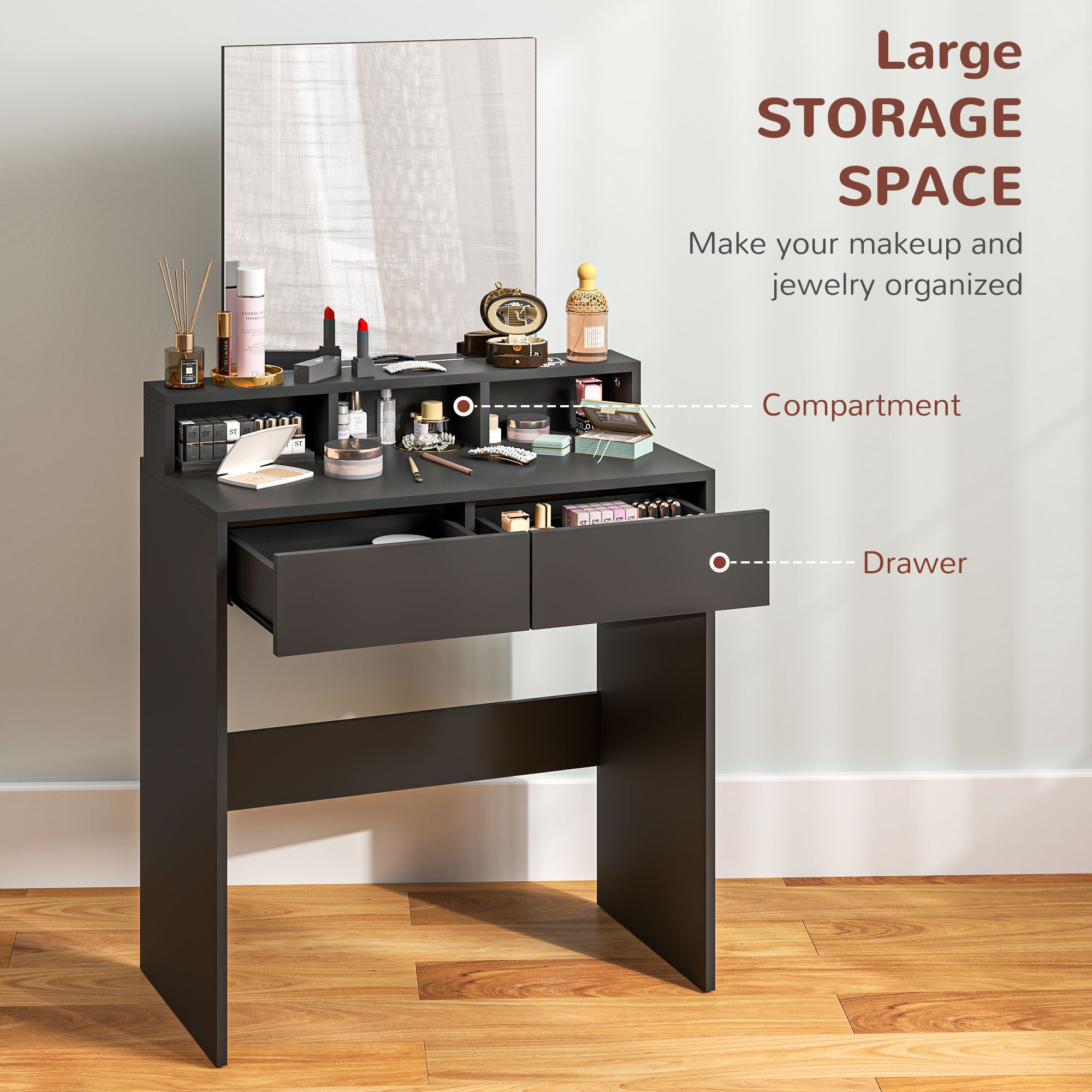 HOMCOM Makeup Vanity Desk with Mirror, for Bedroom, Modern Dressing Table with Drawers, Compartments, Black
