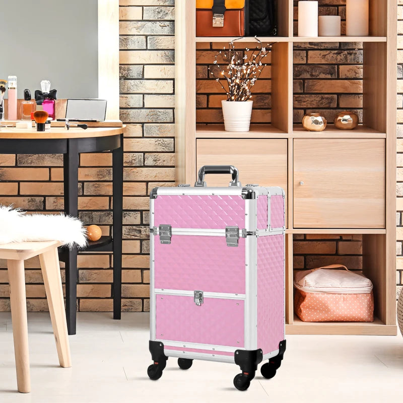 Portable Aluminum Makeup Train Cases, Rolling Makeup Case, Salon Beauty Cosmetic Jewelry Organizer Trolley with 4 Wheels, Pink