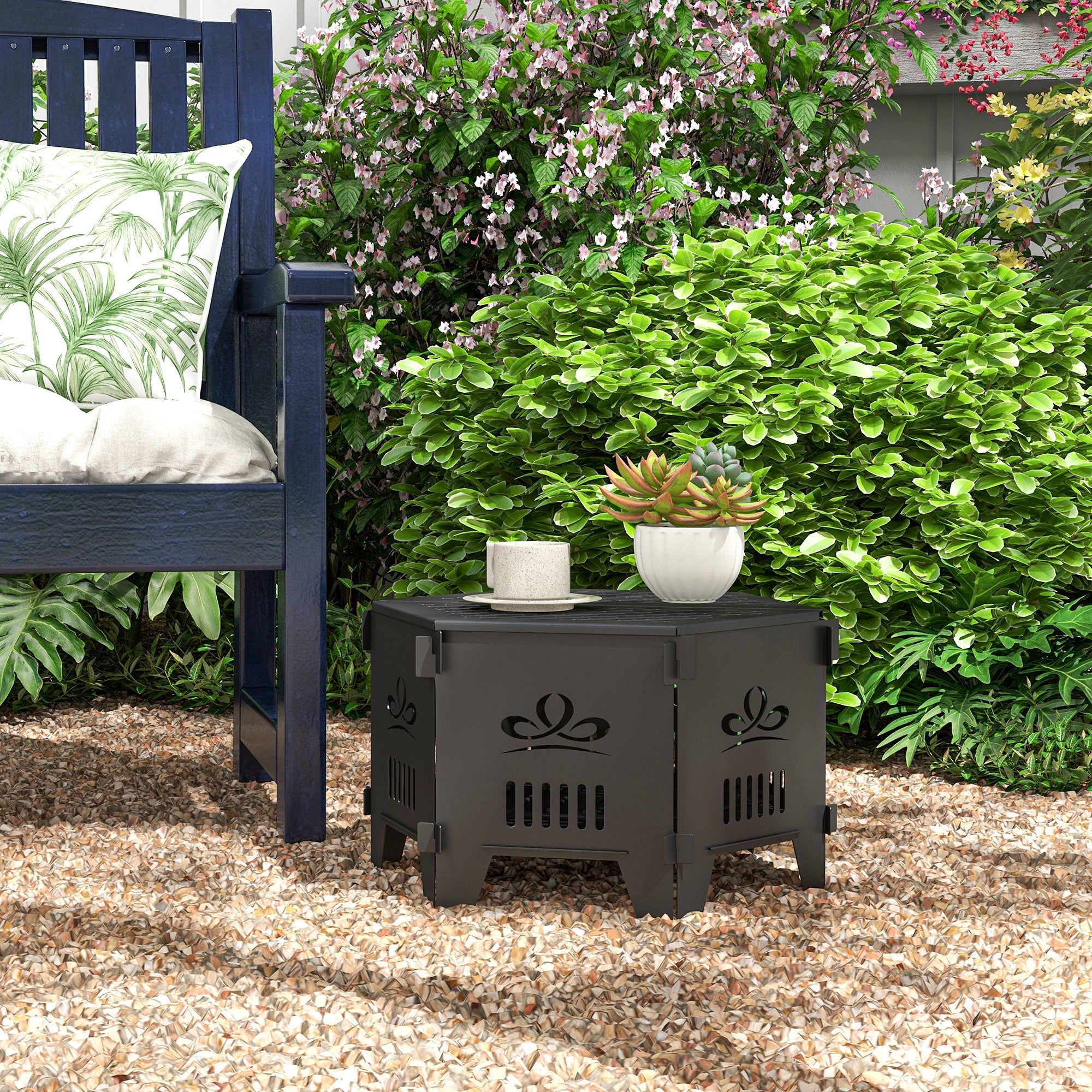 Outsunny Portable 2-In-1 Fire Pit Table, 20" Hexagon, Plug Firepit with Carrying Bag, Ideal for Patio, Camping, Easy Transport