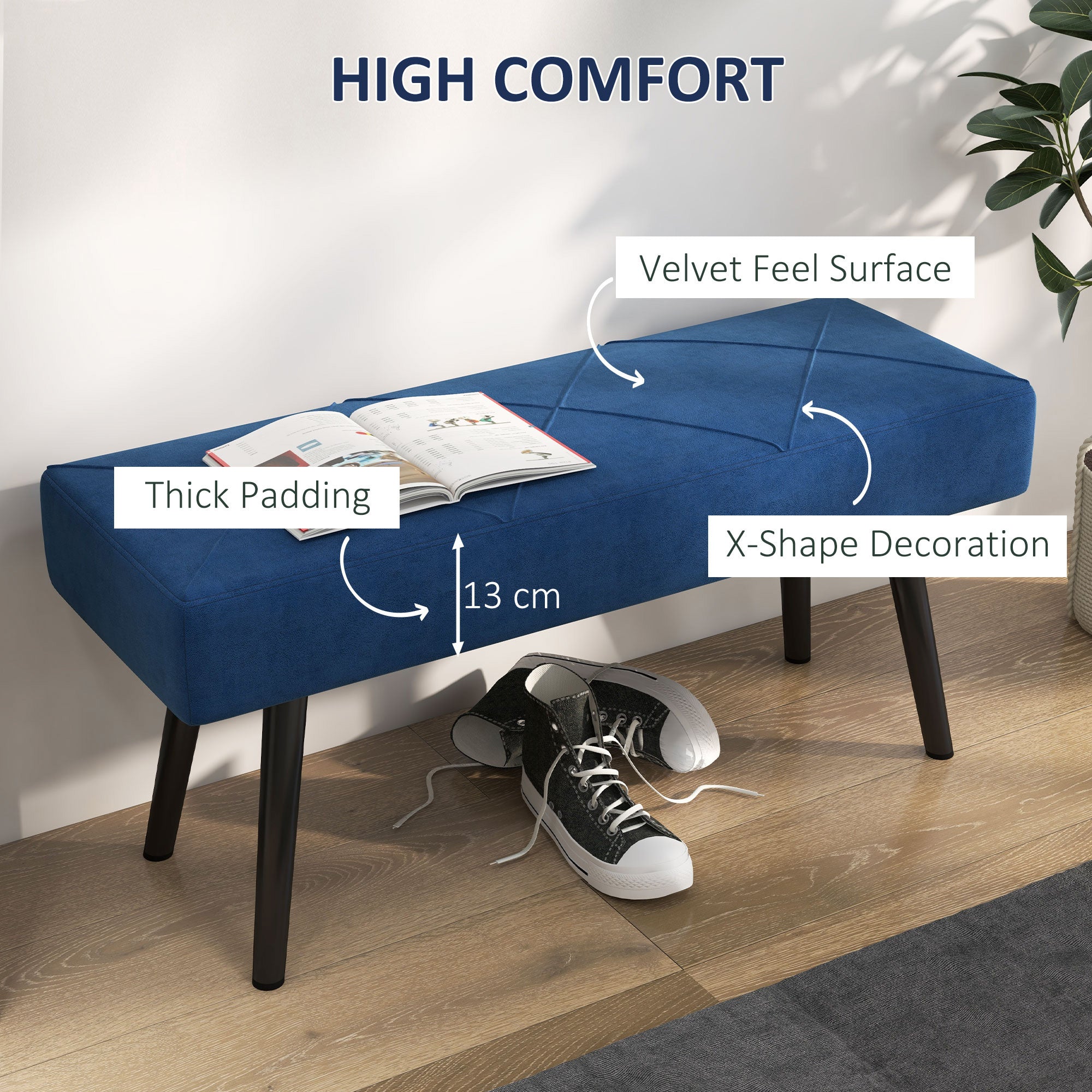 HOMCOM 39 Inches Upholstered Bedroom Bench, Modern End of Bed Bench with Steel Legs, Dark Blue