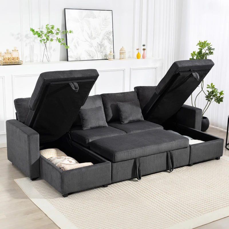 U-Shaped Convertible Sofa Bed with Storage Chaises – Dark Grey Corduroy Sleeper Couch with Pocket Springs & Pillows