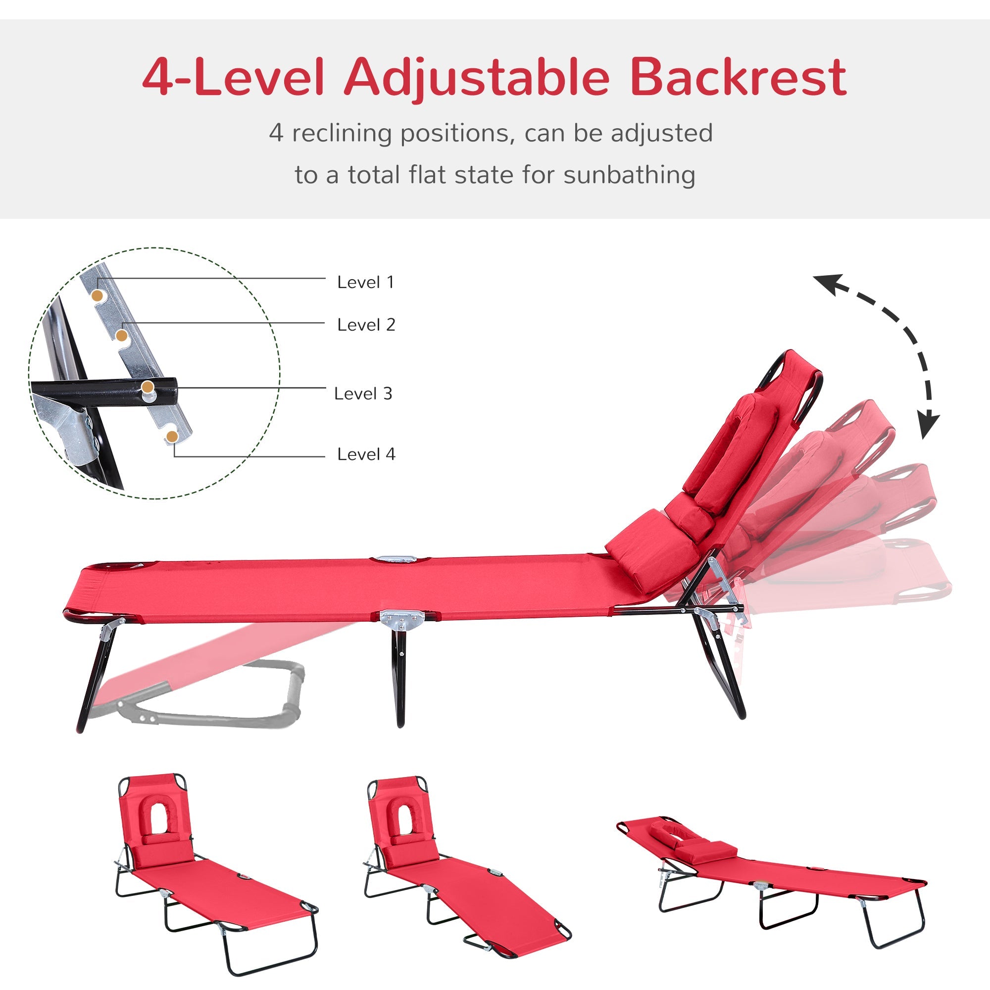 Outsunny Adjustable Sun Lounger with Reading Hole Folding Outdoor Recliner Seat for Beach Camping Red