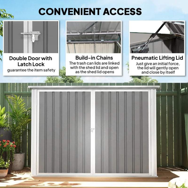 Outdoor Metal Storage Shed Garden Garbage Can Organizer with Double Door and Vents for 2 Trash Cans, Light Grey