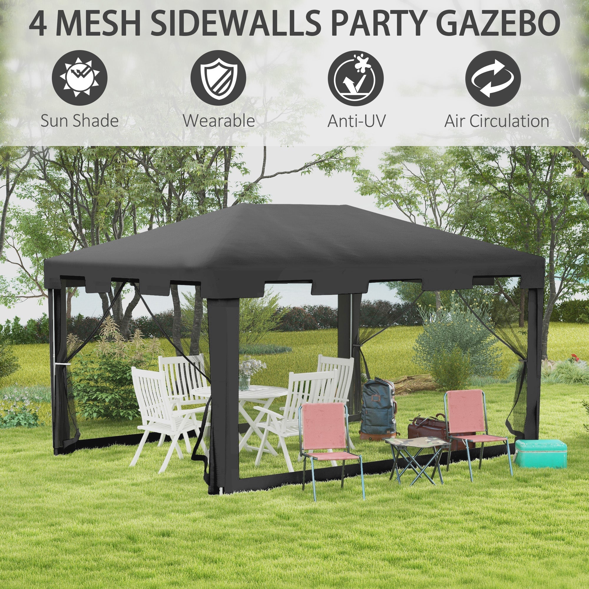 Outsunny 10x13ft Outdoor Gazebo Party Tent Sun Shade Canopy with Mesh Sidewalls Dark Grey