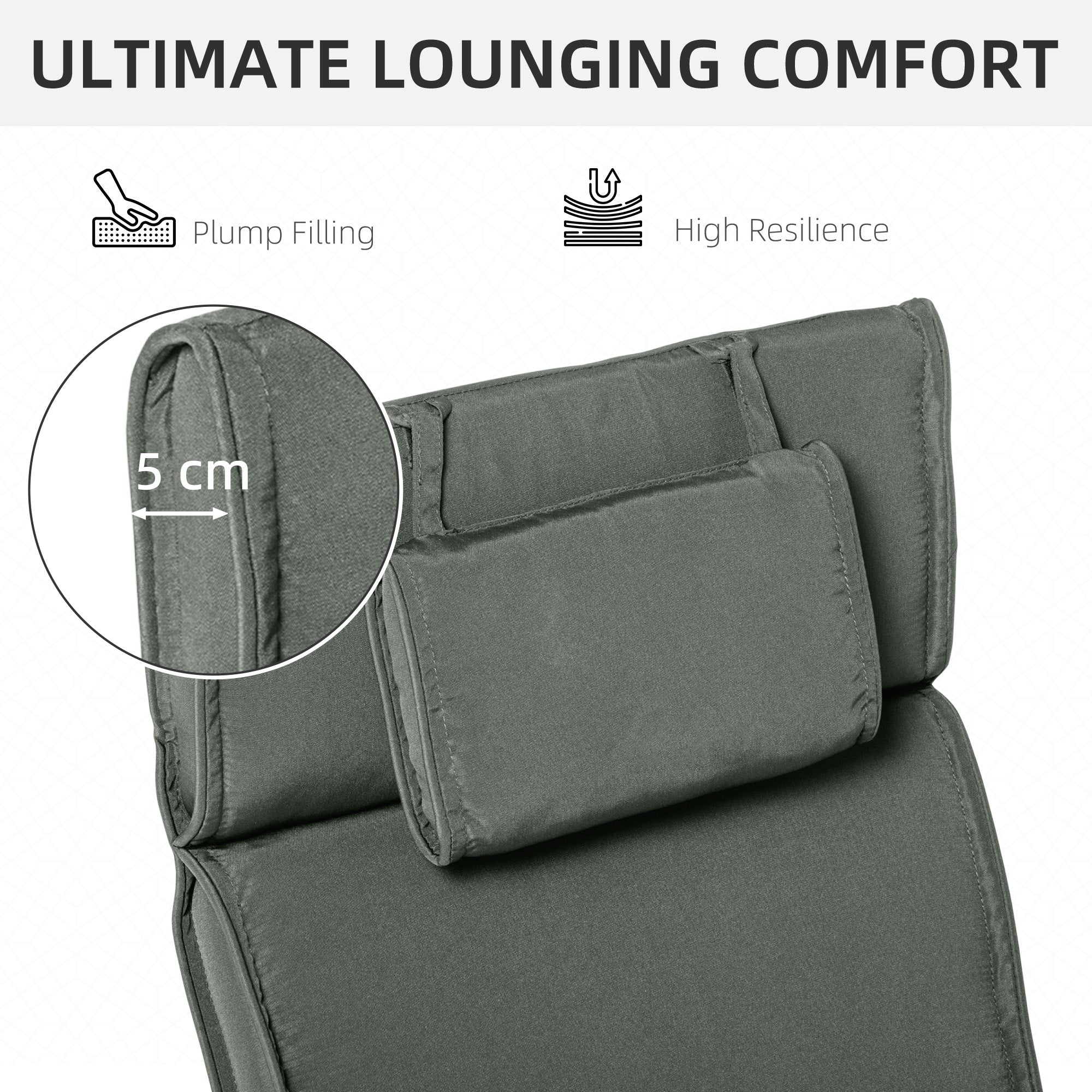Outsunny Patio Lounger Chair Cushion Replacement Deep Seat Outdoor Cushions with Headrest Grey Removable Cover