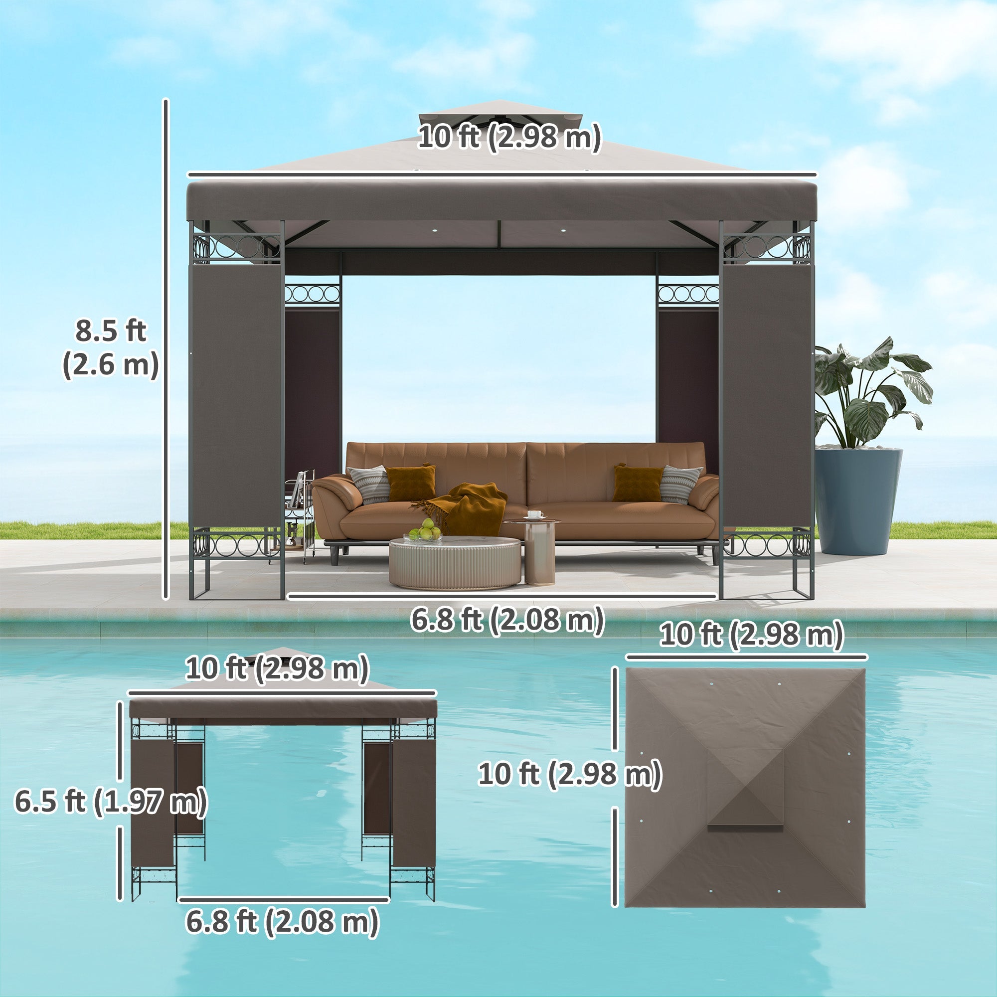 Outsunny 10 x 10 FT Canopy Gazebo, Double Roof Patio Gazebo with Screen Panels and Metal Frame for Deck, Backyard, Khaki
