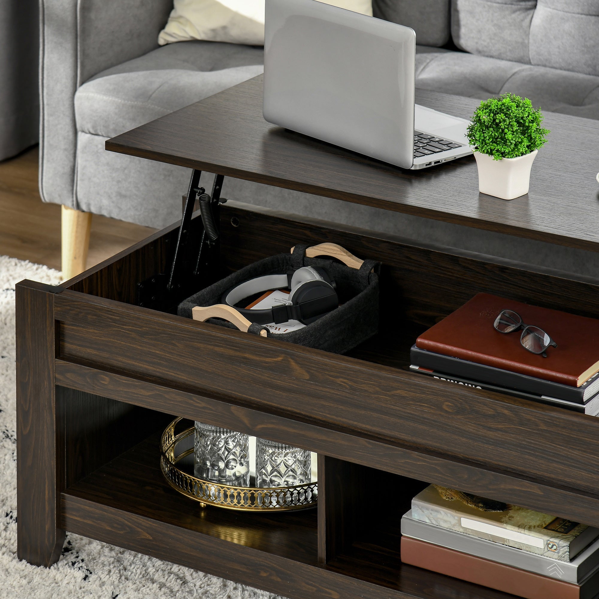 HOMCOM Dark Walnut Lift Top Coffee Table: Pop-Up Center Table with Hidden Storage, Open Shelves for Living Room