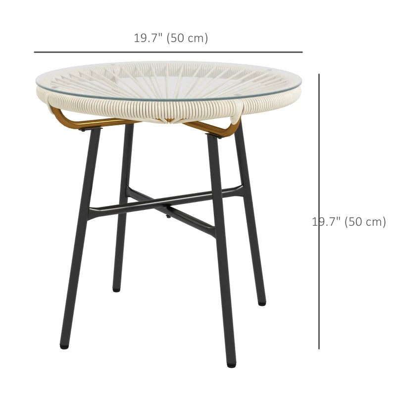 Rattan Side Table, Round Outdoor Table, with Round PE Rattan and Tempered Glass Table Top for Patio, Garden, Cream White