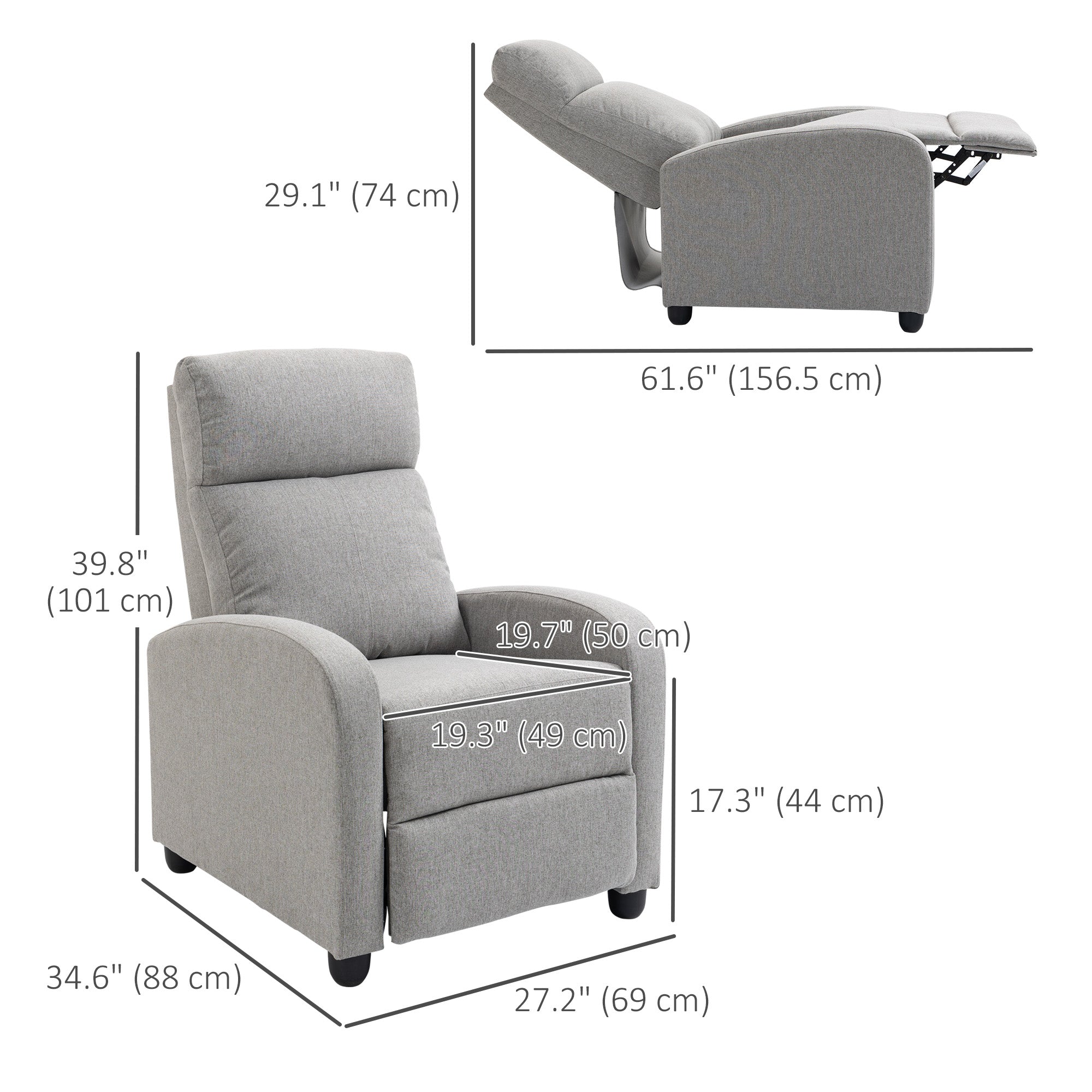 HOMCOM Fabric Recliner Theater Chair: Linen-Touch Single Sofa, Armchair for Living Room, Light Grey