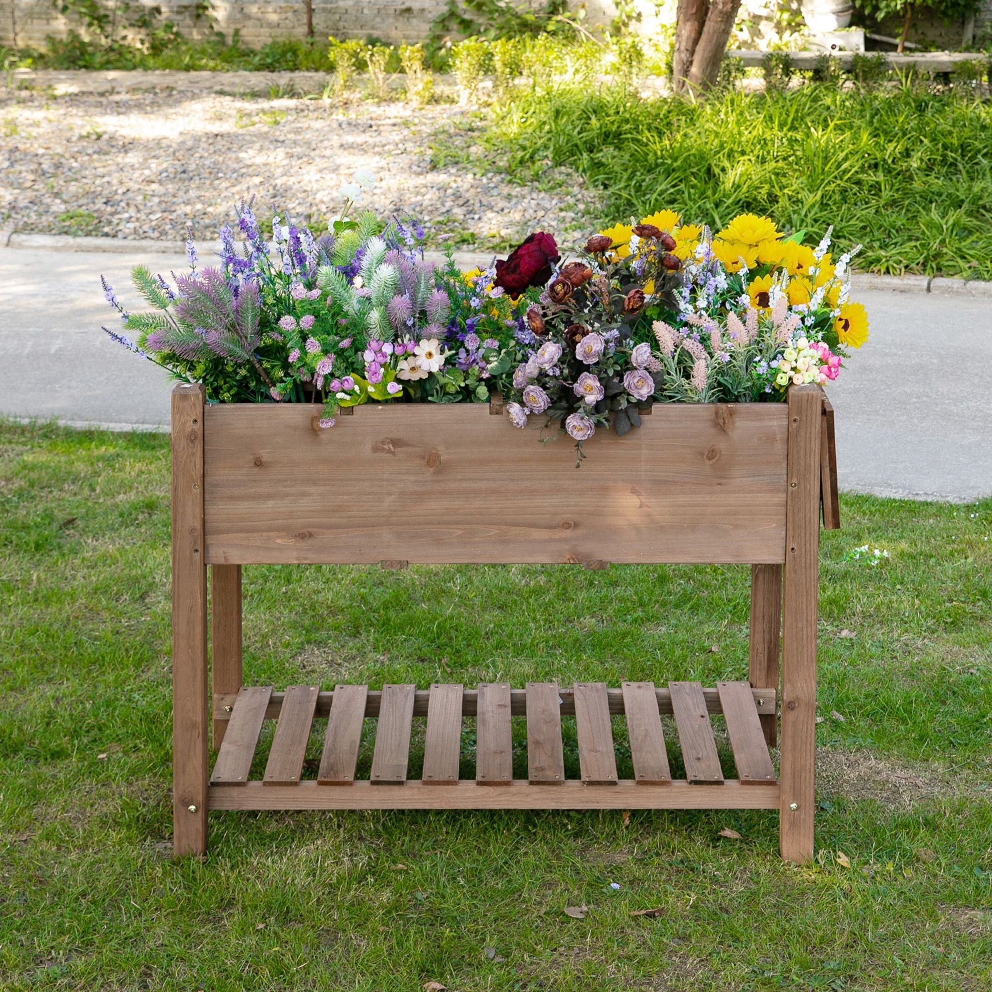 Outsunny Wooden Raised Garden Bed 49'' x 21'' x 29'' Outdoor Flower Plant Stand Tall Box with Clapboard Brown