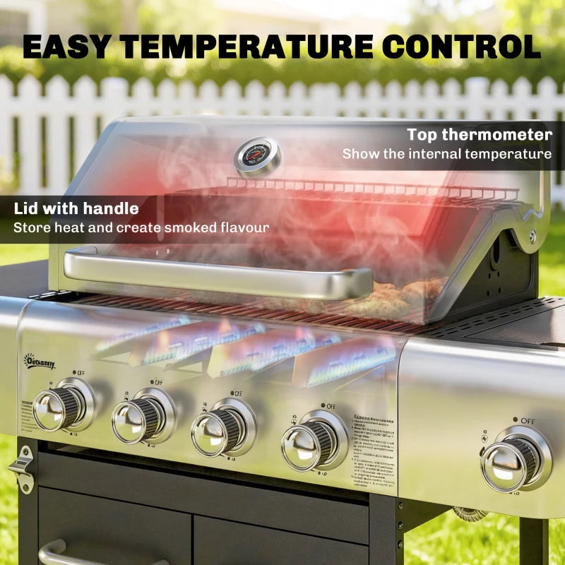 Outsunny 4 Burner Propane Gas Grill with Side Burner, 53,000 BTU BBQ Grill with Cast Iron Grates, Wheels, Warming Rack, Cabinet