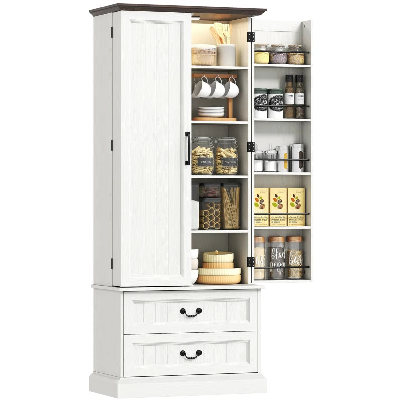 72" LED Kitchen Pantry Cabinet, Buffet Storage Cabinet with 10 Door Shelves, 2 Drawers and Adjustable Shelves, White